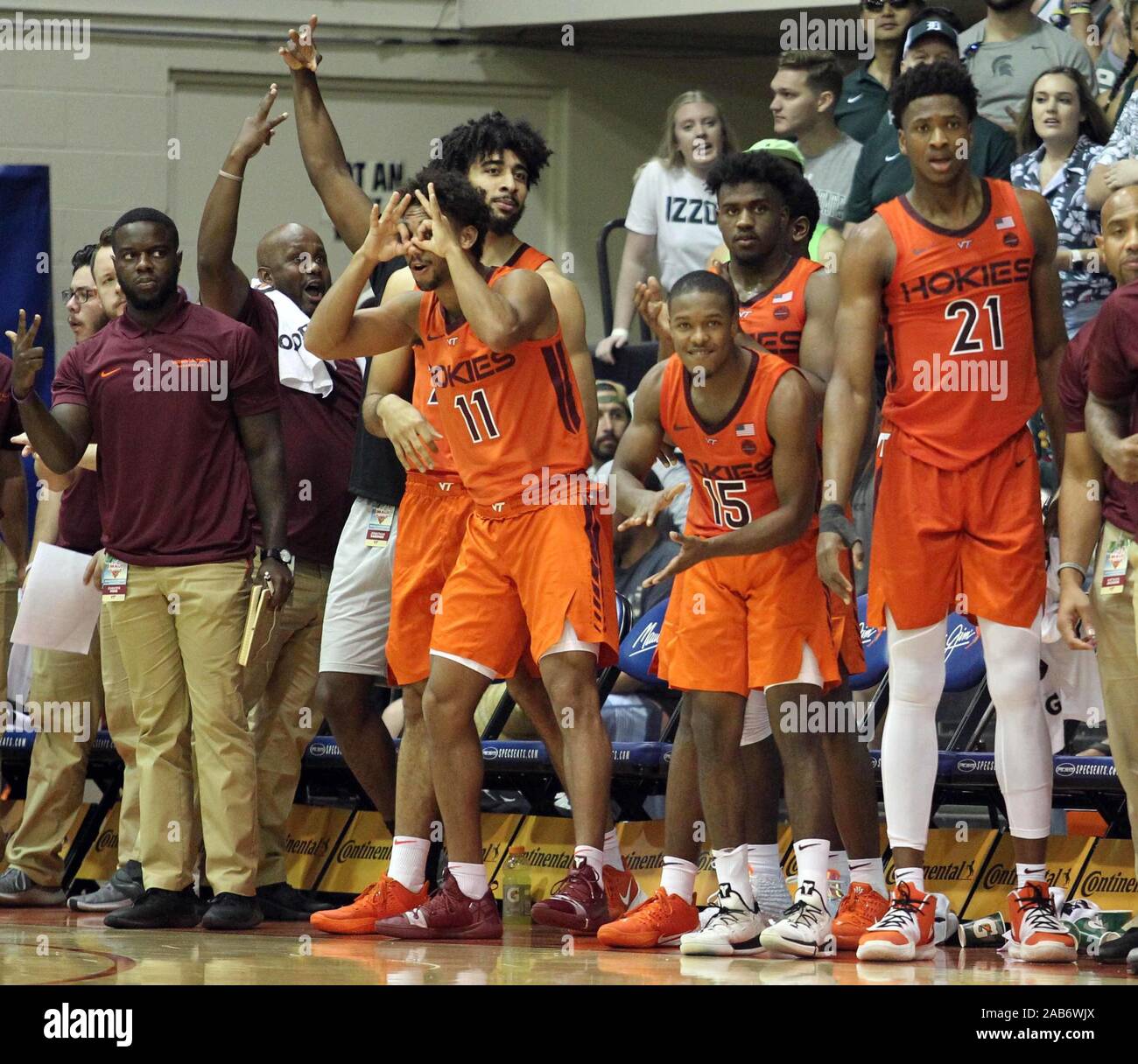 November 23, 2019 - The Hokies bench cheers during a game between the Virginia Tech Hokies and the Michigan State Spartans at the Lahaina Civic Center on the island of Maui in Lahaina, HI - Michael Sullivan/CSM. Stock Photo