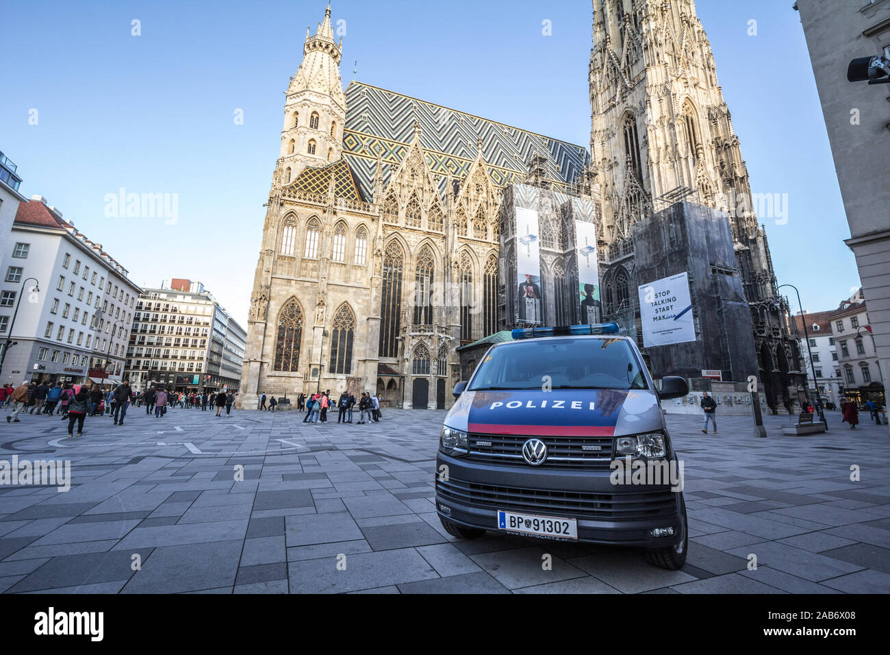 VIENNA, AUSTRIA - NOVEMBER 6, 2019: Austrian police car from the Bundespolizei, or polizei, patrolling and guarding Stephansplatz and the Domkirche ca Stock Photo