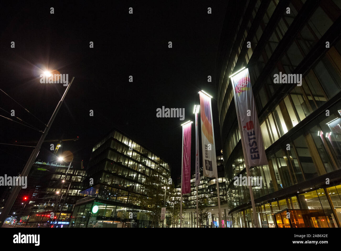 VIENNA, AUSTRIA - NOVEMBER 6, 2019: Erste bank logo in front of Erste campus, the headquarters of Sparkasse with skyscrapers, the biggest bank of cent Stock Photo