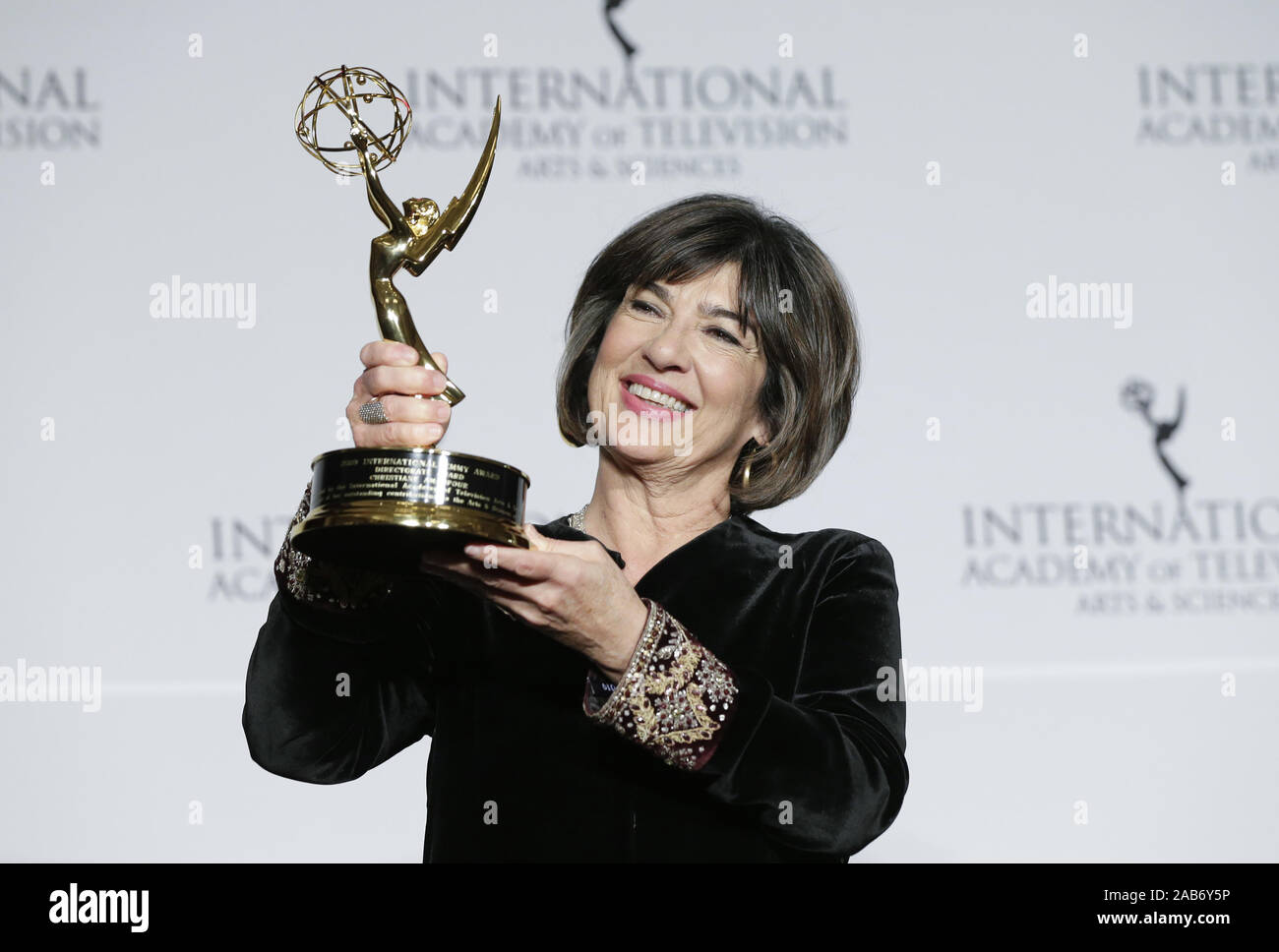 New York, United States. 25th Nov, 2019. Christiane Amanpour arrives in the press room with her Emmy Award at the 47th International Emmy Awards at the New York Hilton in New York City on November 25, 2019. Photo by John Angelillo/UPI Credit: UPI/Alamy Live News Stock Photo