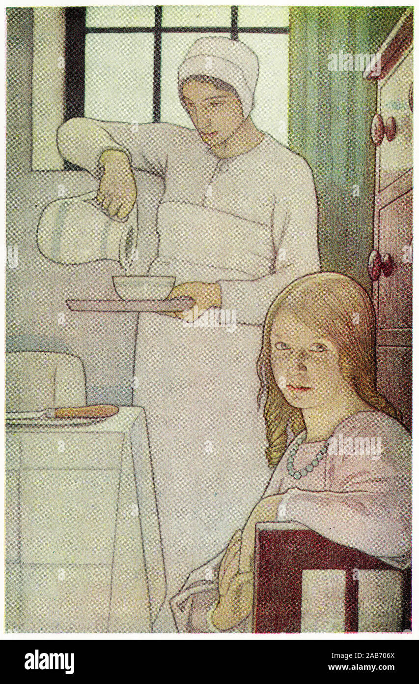 Halftone illustration of young Quaker woman Lois with her nurse. From A Book of Quaker Saints by L V Hodgkin, illustrated by F Cayley-Robinson, 1924 Stock Photo