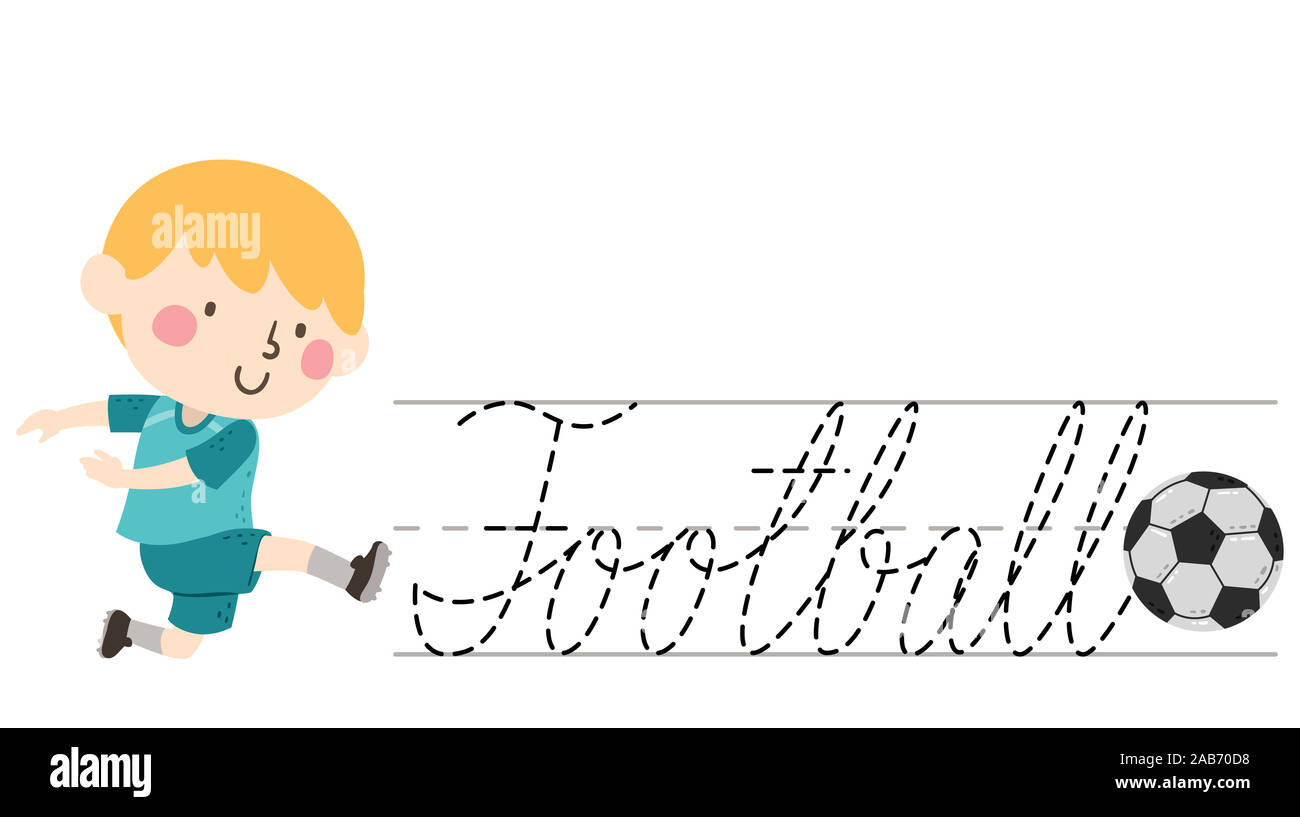 Illustration Of A Kid Boy Kicking A Ball With A Cursive Lettering For football-concept-stamped-word-art-illustration-stock-vector