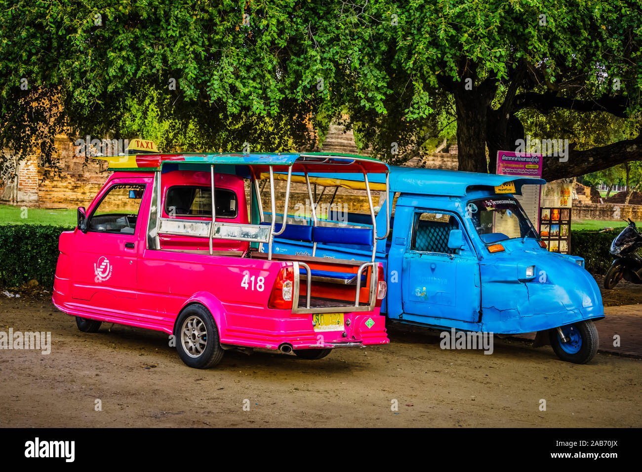 Ayutthaya, Thailand  - Oct 29, 2019:  Tuk Tuk at Ayutthaya Historical Park. It is a historic site that has been registered as a World Heritage Site fr Stock Photo