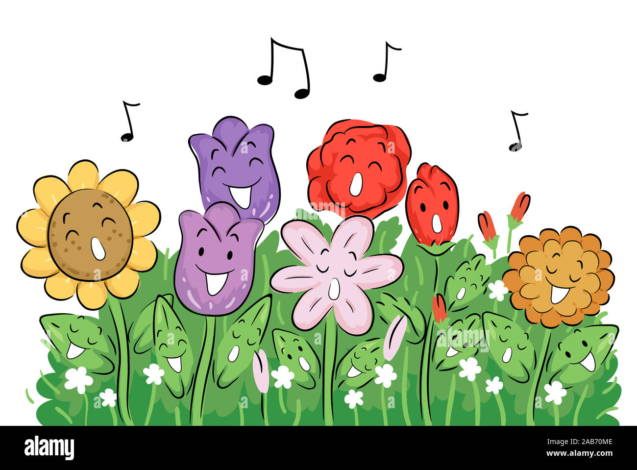 Illustration of Flowers Mascots Singing in the Garden with Music Notes