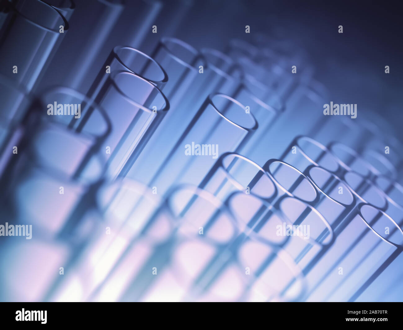 Test tubes, laboratory glassware, with background light in dark environment. Concept image of science and research. Stock Photo