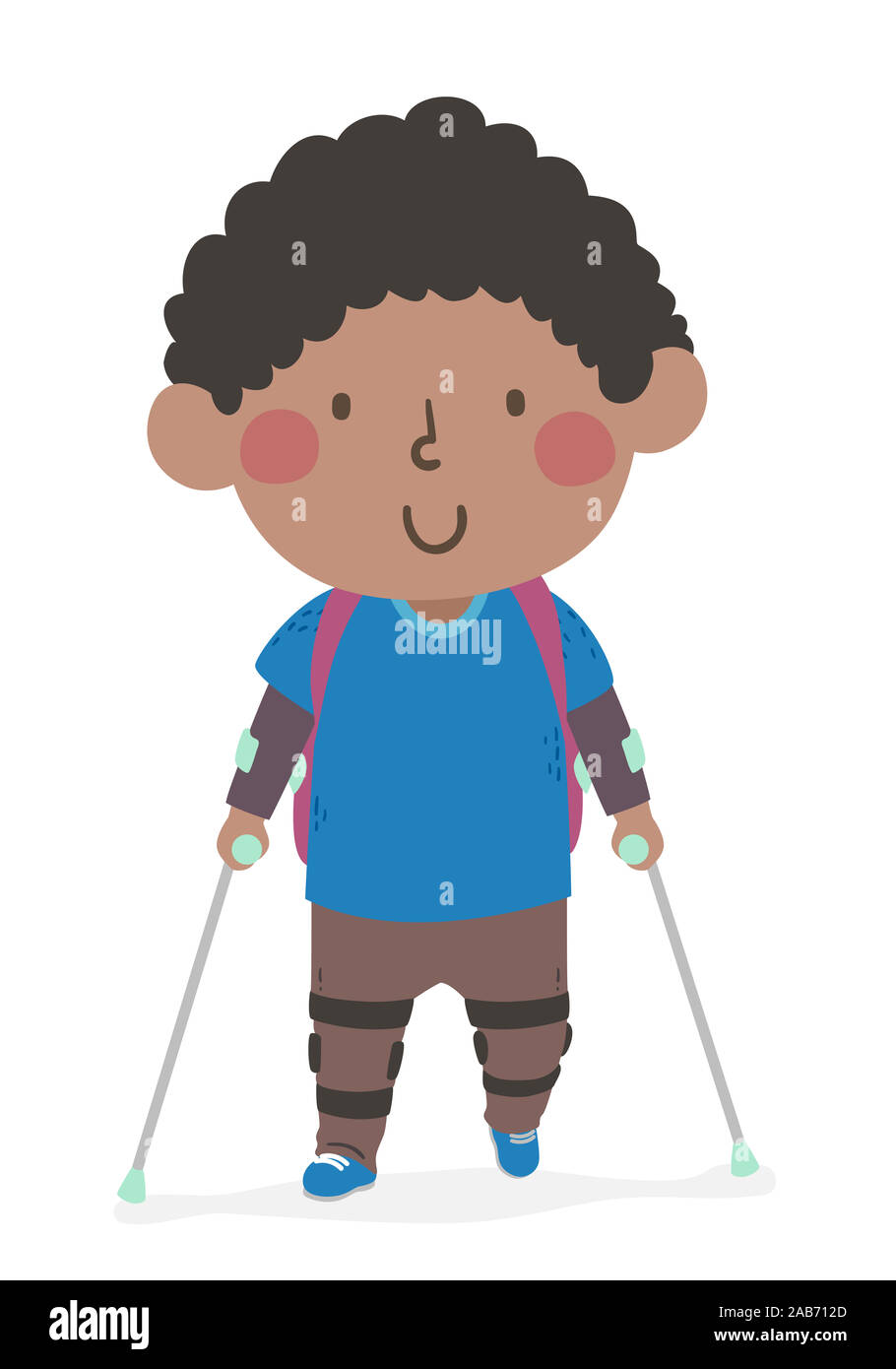 Illustration of a Kid Boy with Backpack Going to School with Leg Brace