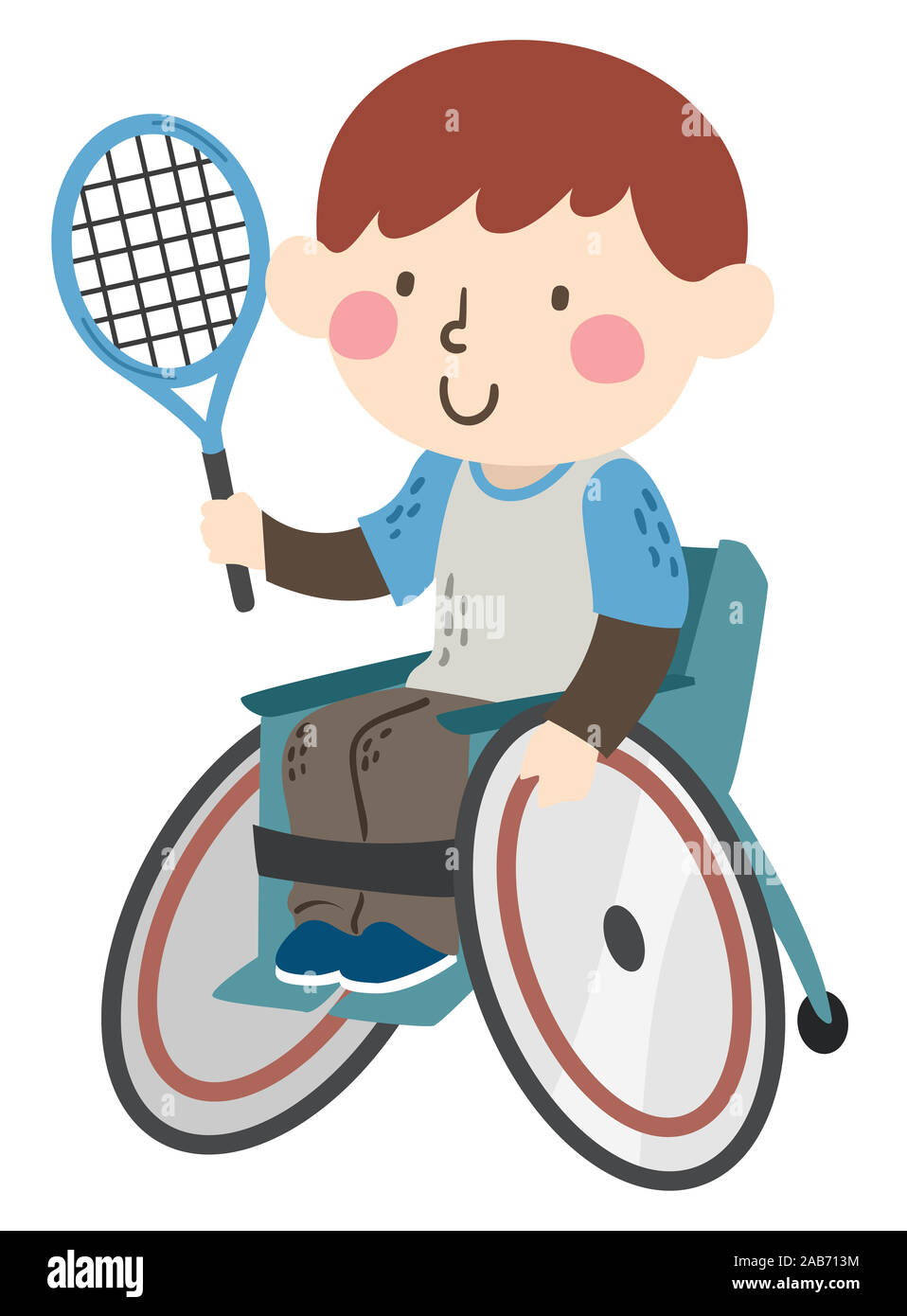 Illustration of a Kid Boy Using a Wheelchair and Playing Tennis Stock Photo