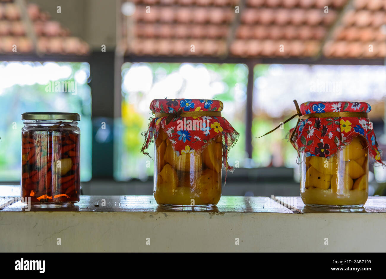 Traditional pickled fruits and vegetables in glass jars. Tocantins, Brazil. Stock Photo