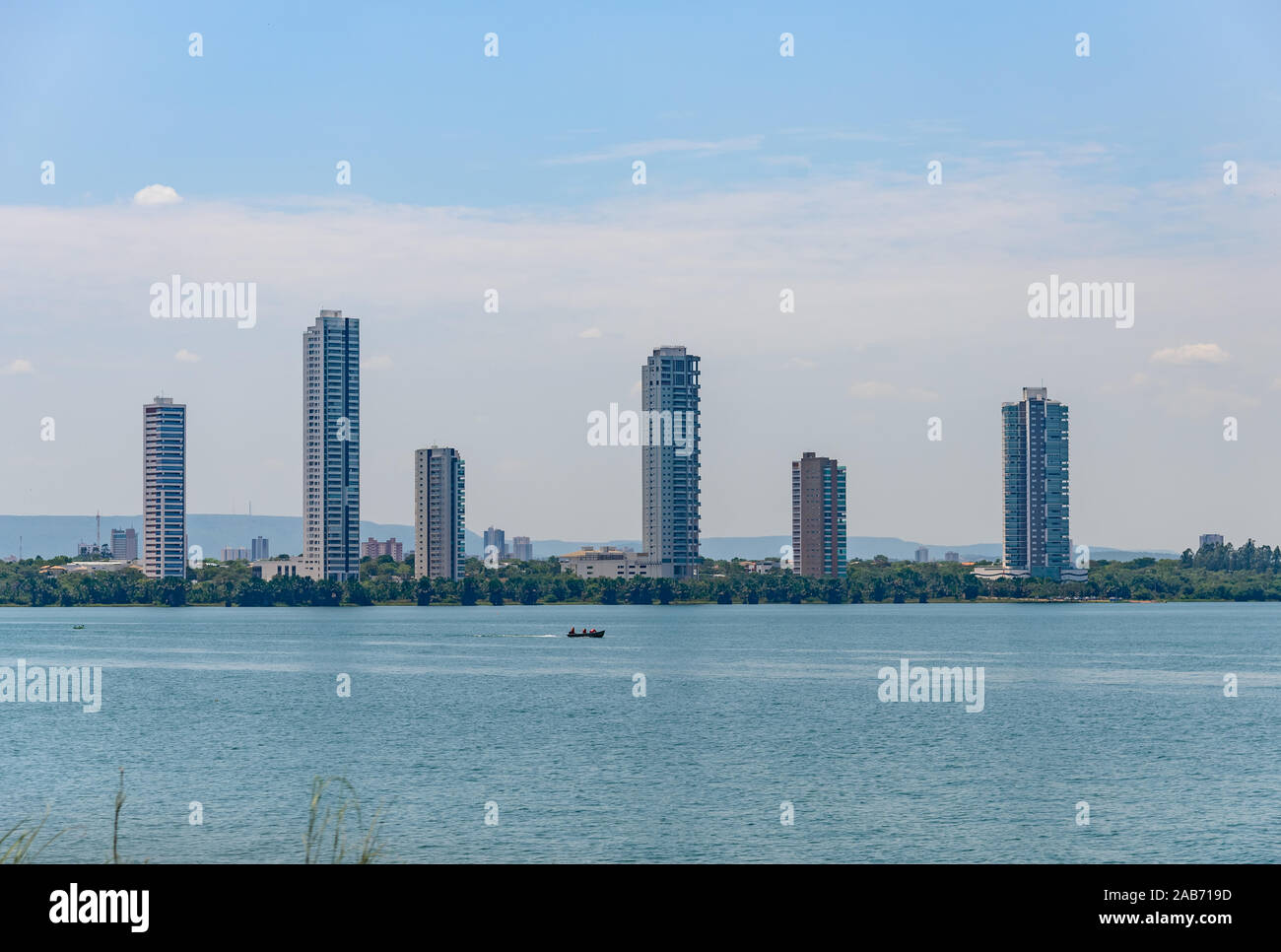 High-rise apartment building by lake shore. Palmas, Tocantins, Brazil. Stock Photo