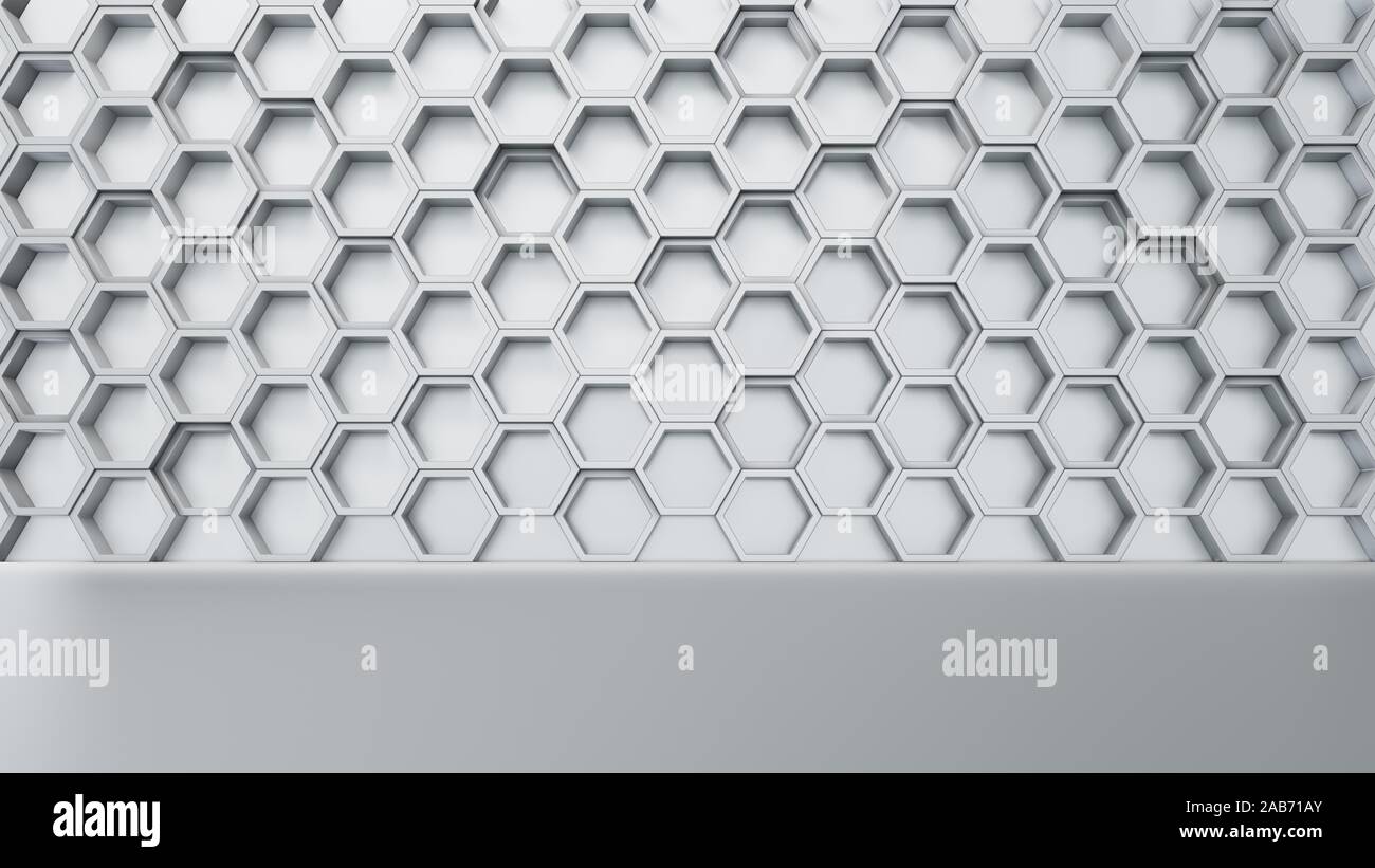 Empty white interior with hexagon shelves on the wall, 3D rendering ...