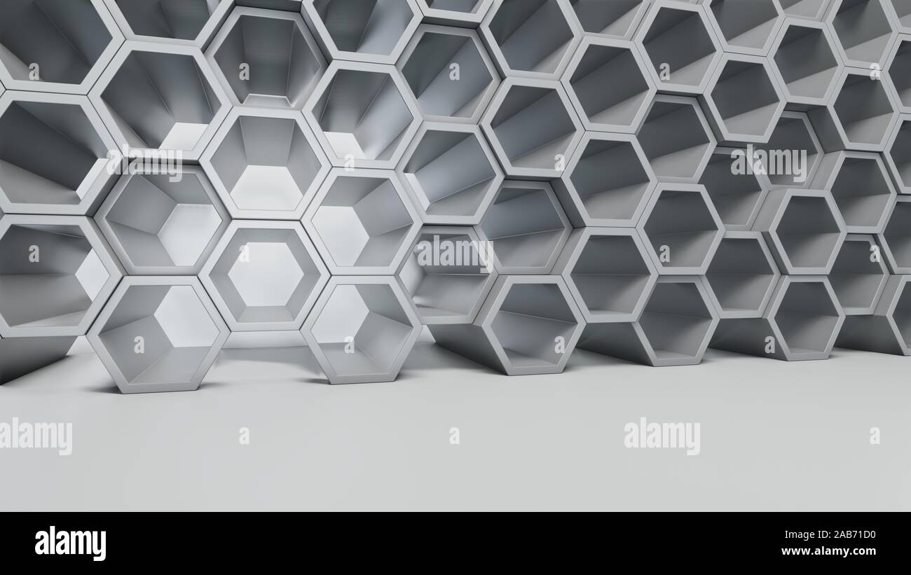 Empty white interior with hexagon shelves on the wall, 3D rendering ...