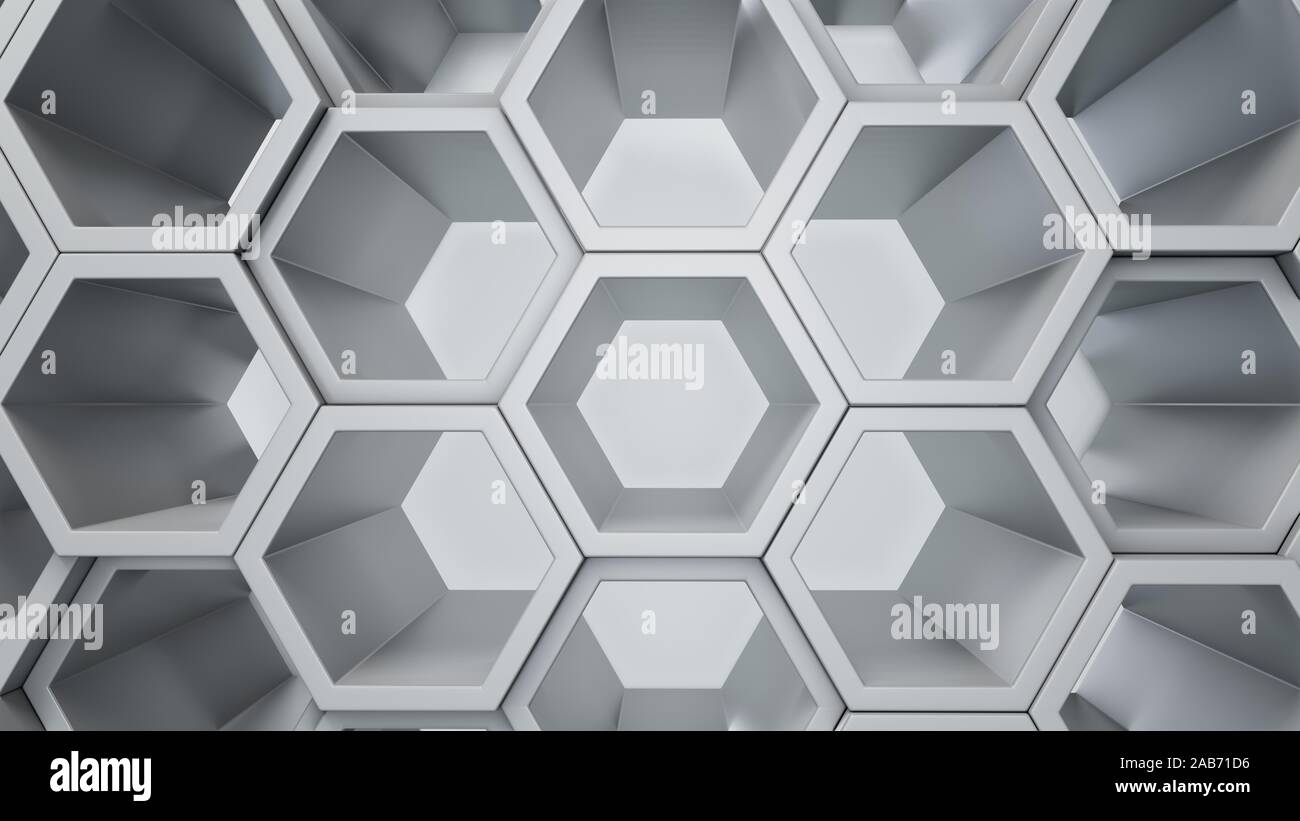 Empty white interior with hexagon shelves on the wall, 3D rendering ...