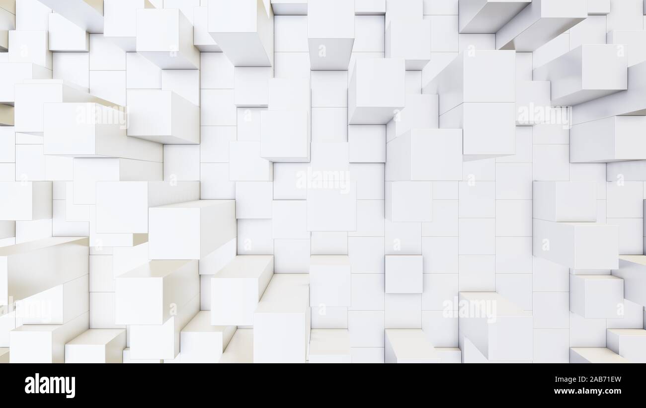 Abstract 3D illustration of white cubes background. Random displacement ...