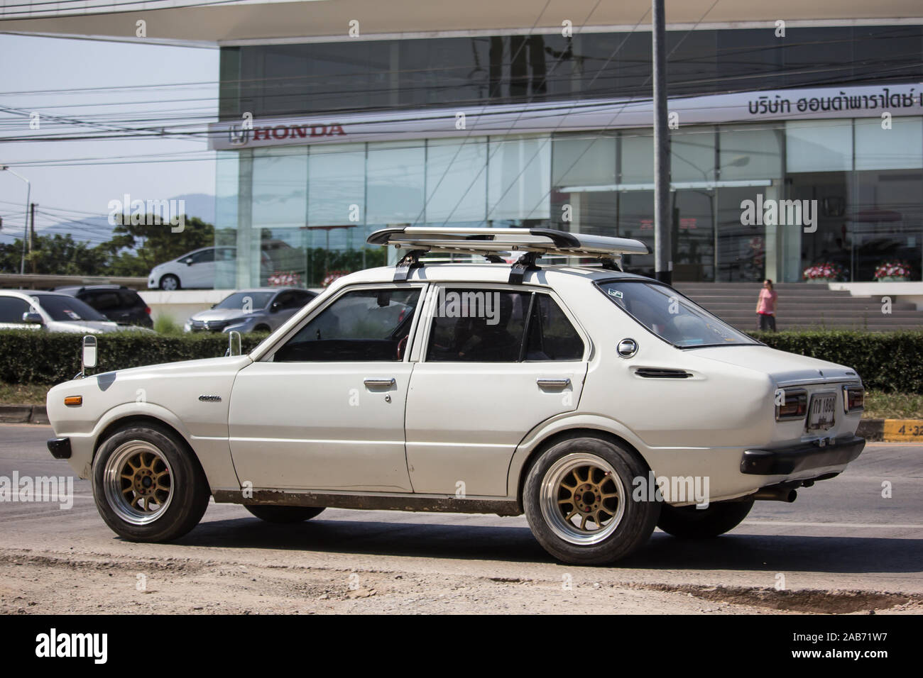 Chiangmai, Thailand - November 19 2019: Private Old car, Toyota Corolla. Photo at road no 121 about 8 km from downtown Chiangmai, thailand. Stock Photo