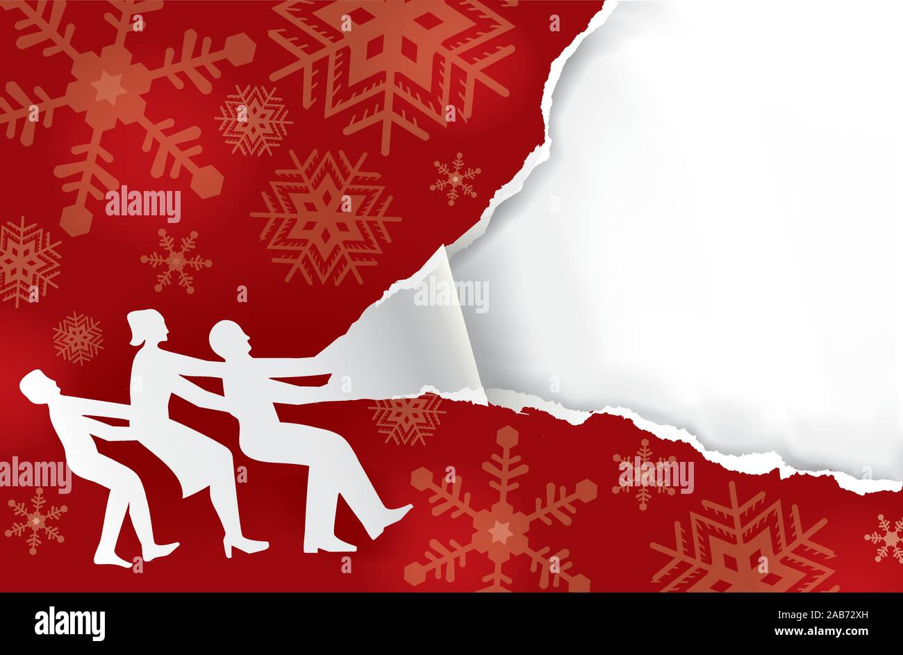 Family tearing Christmas wrapping paper, banner template. Paper family silhouette and red christmas torn paper. Vector available. Stock Vector