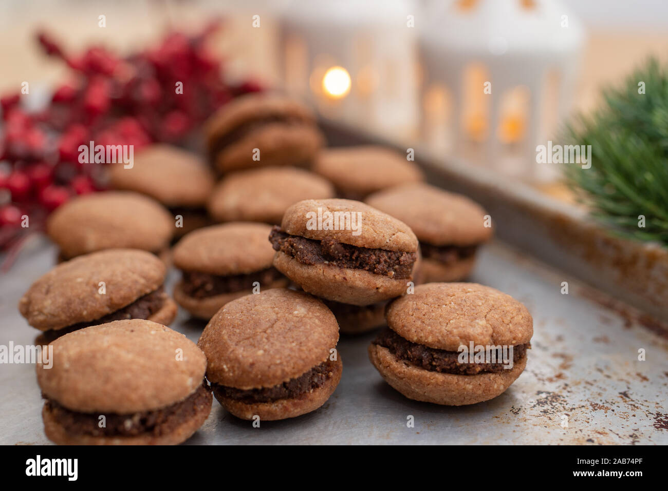 Hazelnut shortbread sandwiches filled with chocolate cream Stock Photo