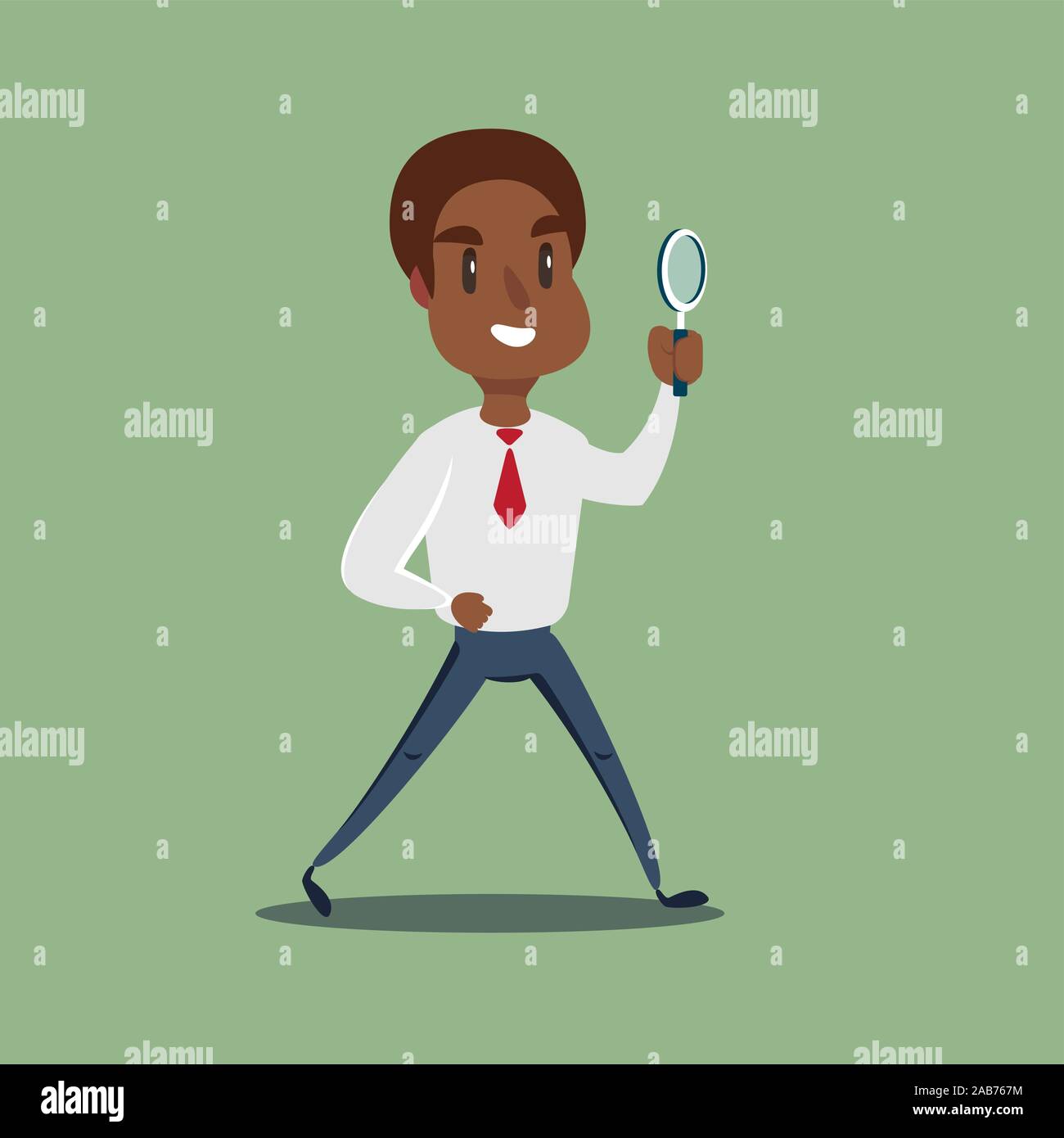 African Manager character looking through a magnifying glass. Stock Vector