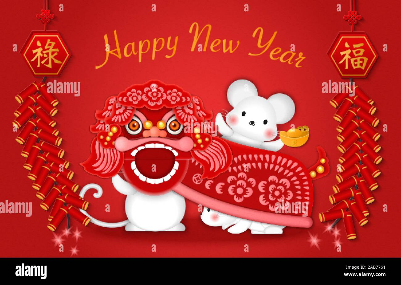 2020 Happy Chinese new year of cartoon cute rat and dragon lion dance. Chinese translation : Blessing and prosperity. Stock Vector