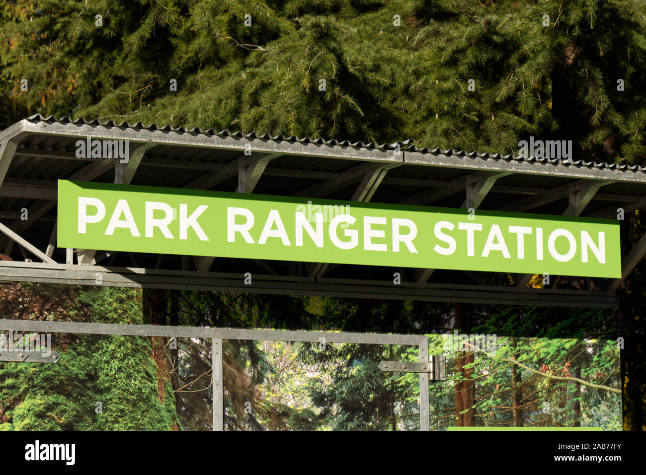 Vancouver, Canada - October 1, 2019: A sign 'Park Ranger Station' on a small building in Stanley Park, Vancouver Stock Photo