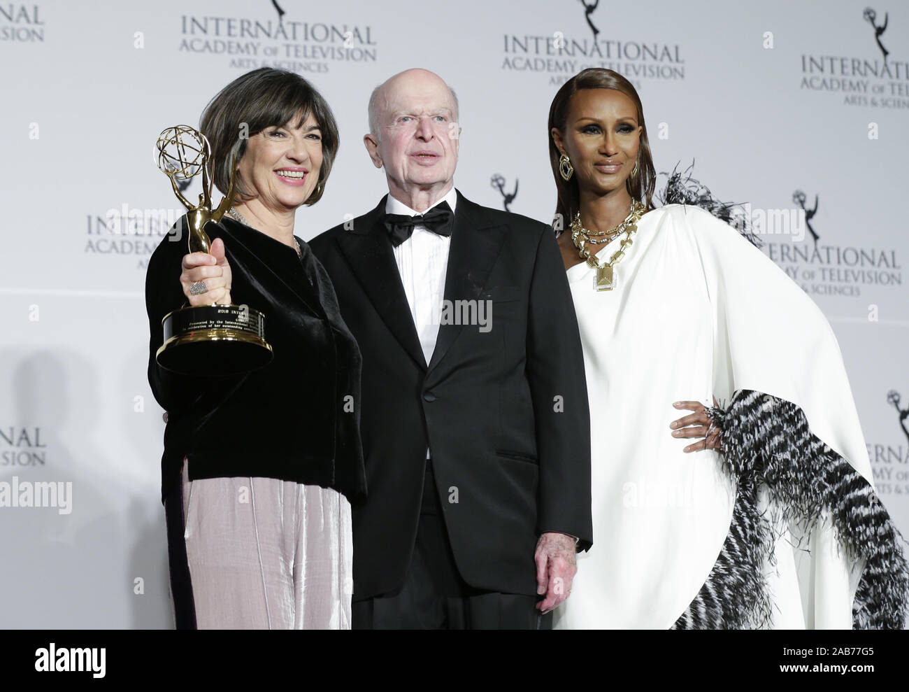 New York, United States. 25th Nov, 2019. British journalist Christiane Amanpour stands in the press room with US-Somali fashion model Iman at the 47th International Emmy Awards at the New York Hilton in New York City on November 25, 2019. Photo by John Angelillo/UPI Credit: UPI/Alamy Live News Stock Photo