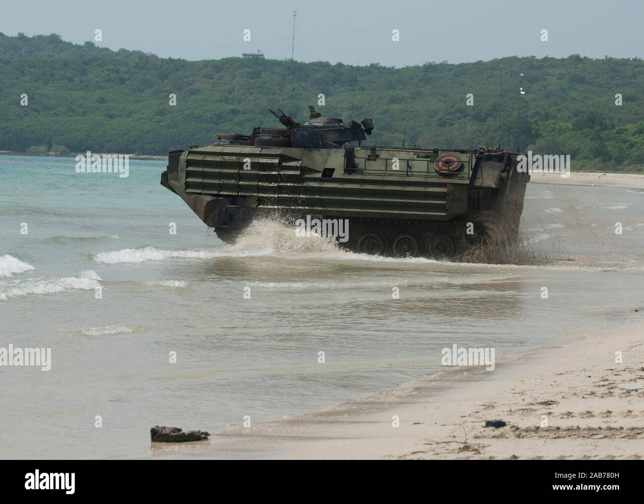 HAT YAO, Thailand (Feb. 14, 2013) An amphibious assault vehicle assigned to the 31st Marine Expeditionary Unit (MEU) returns to the amphibious dock landing ship USS Germantown (LSD 42) after the simulated beach assault portion of exercise Cobra Gold 2013. Stock Photo