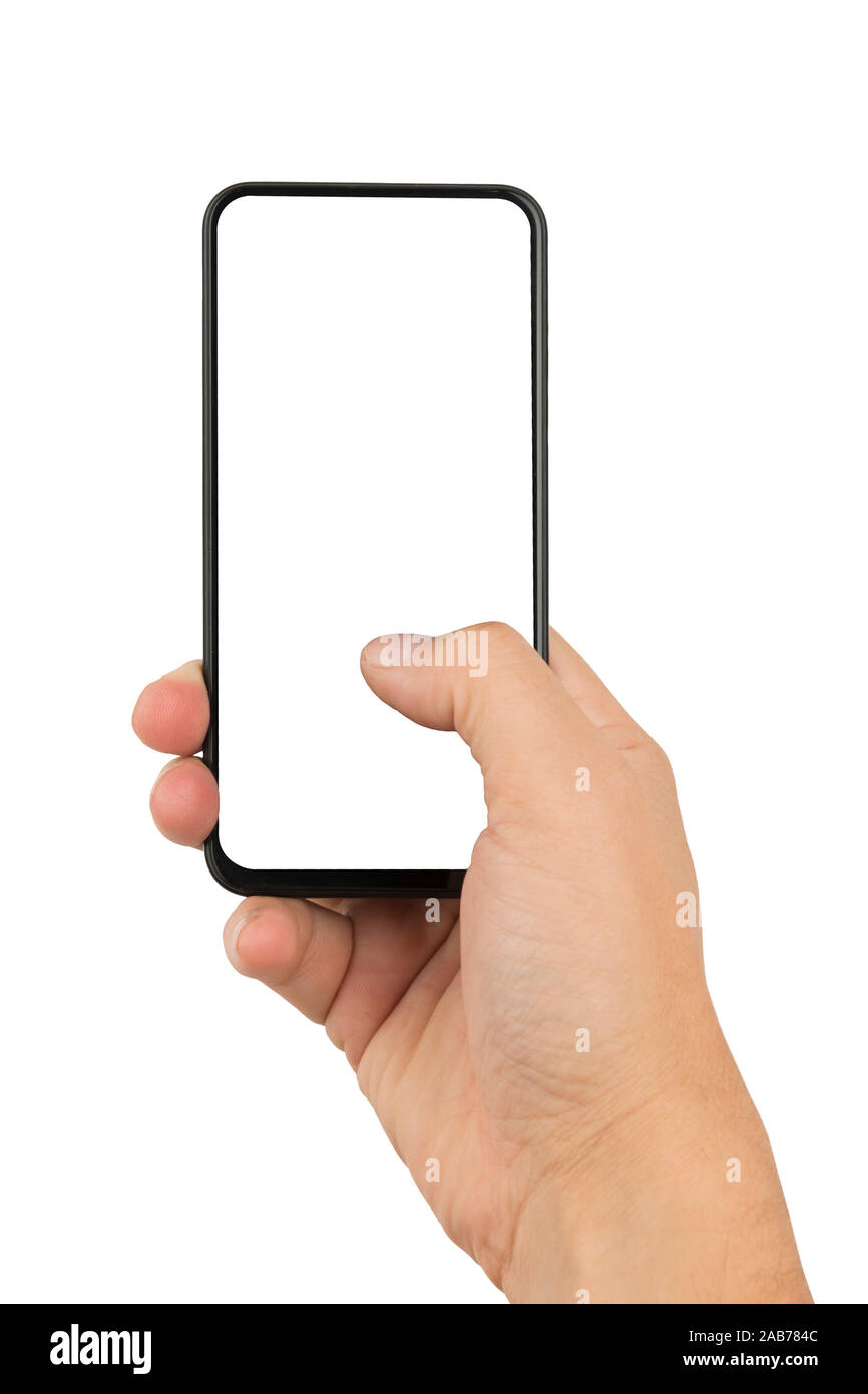 Male hand holding a smartphone with finger on screen. Blank template with clipping path Stock Photo