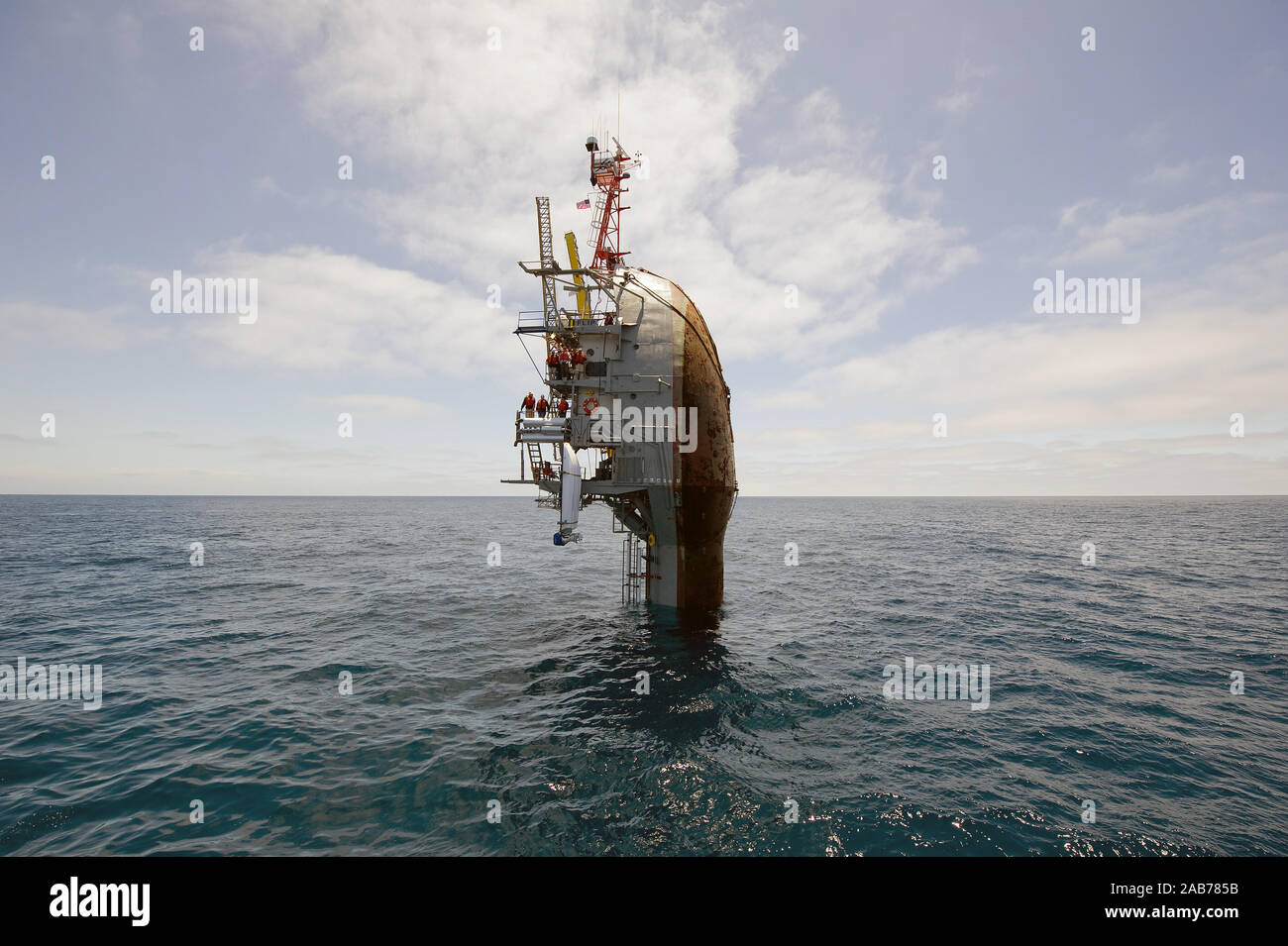 (Jun. 30, 2012) 55 feet remain visible after the crew of the Floating Instrument Platform, or FLIP, partially flood the ballast tanks causing the vessel to turn stern first into the ocean. Stock Photo