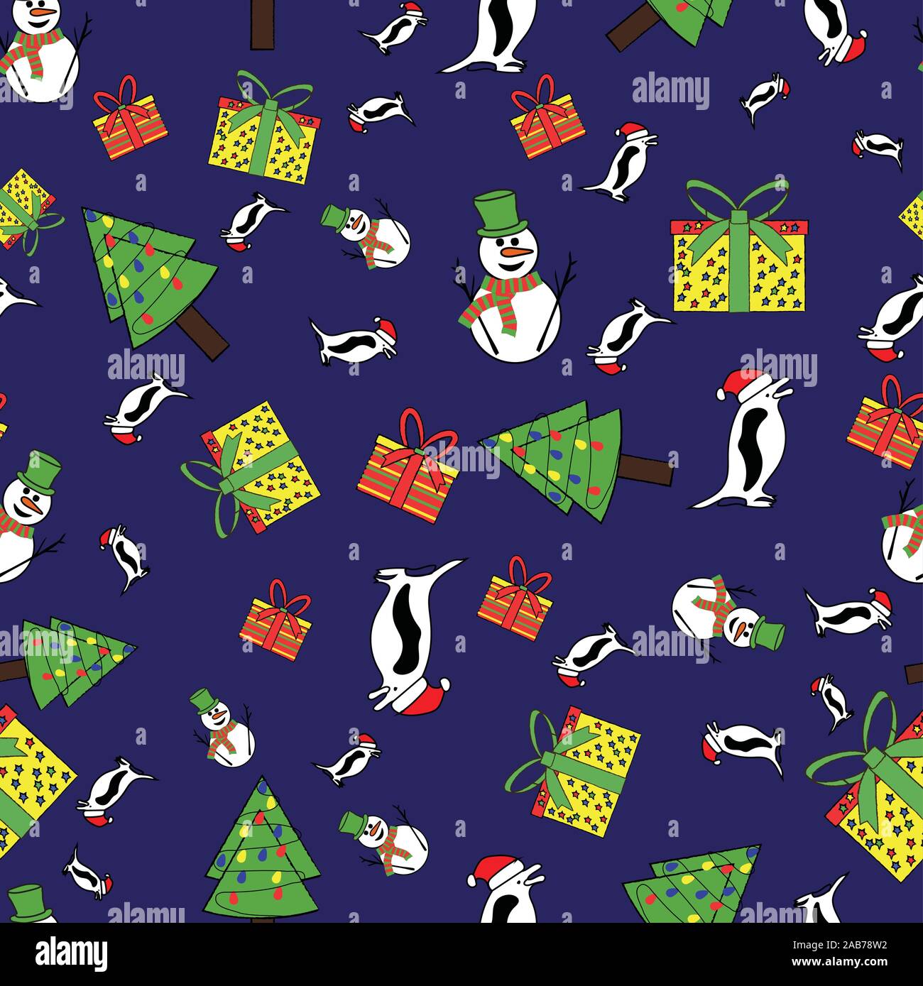 Cute Vector Seamless Pattern Background With Snowmen Penguins