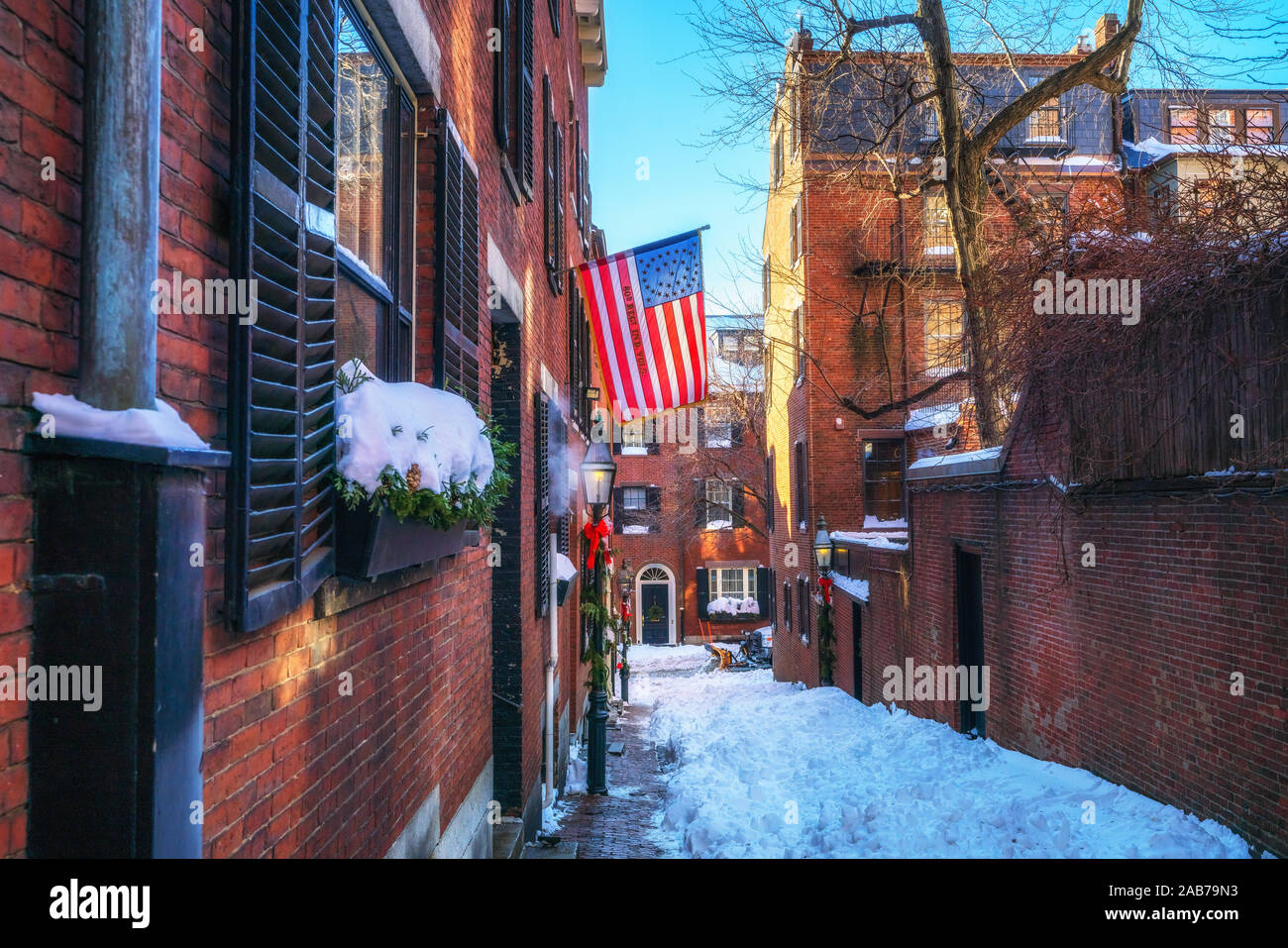 Boston old narrow street at winter Stock Photo