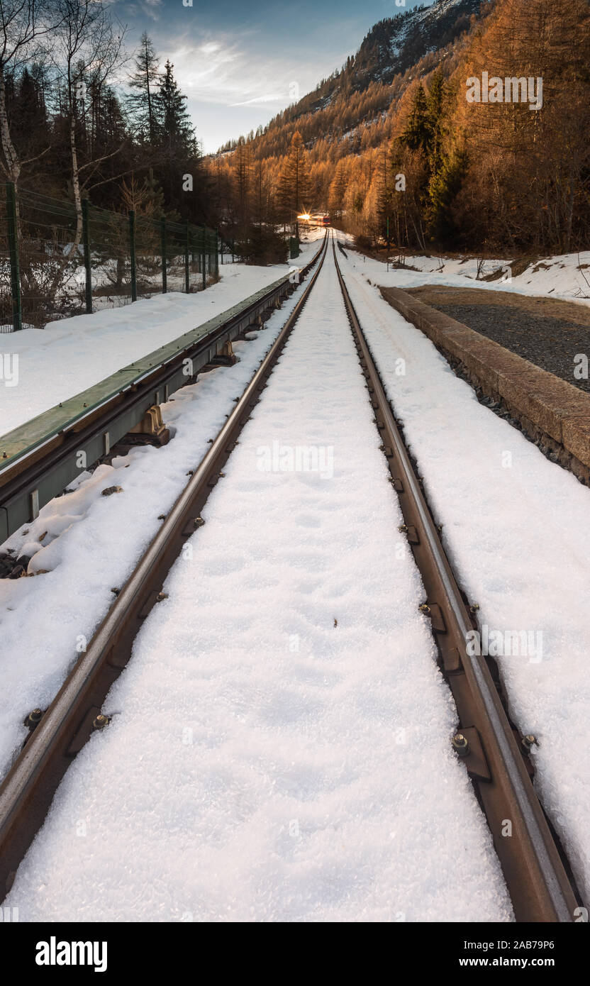 Railroad tracks covered in snow in Chamonix Stock Photo Alamy
