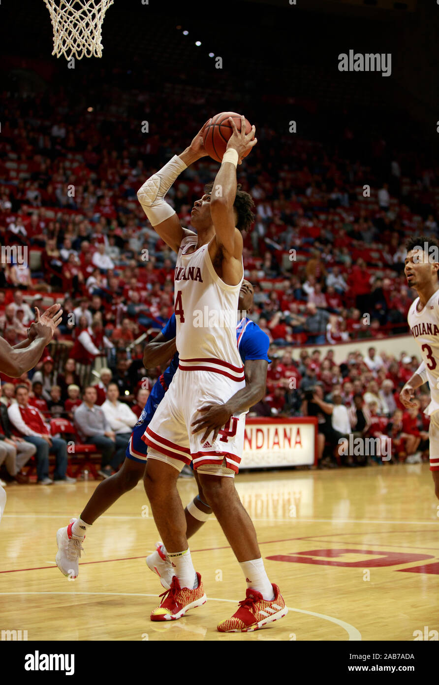 Indiana University's Trayce Jackson-Davis plays against Louisiana Tech during an NCAA college basketball game at IU's Assembly Hall in Bloomington.The Hoosiers beat the Bulldogs 88 to 75. Stock Photo