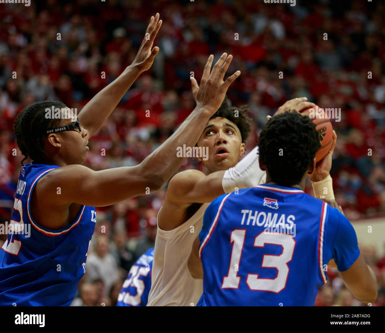 Indiana University's Trayce Jackson-Davis plays against Louisiana Tech during an NCAA college basketball game at IU's Assembly Hall in Bloomington.The Hoosiers beat the Bulldogs 88 to 75. Stock Photo