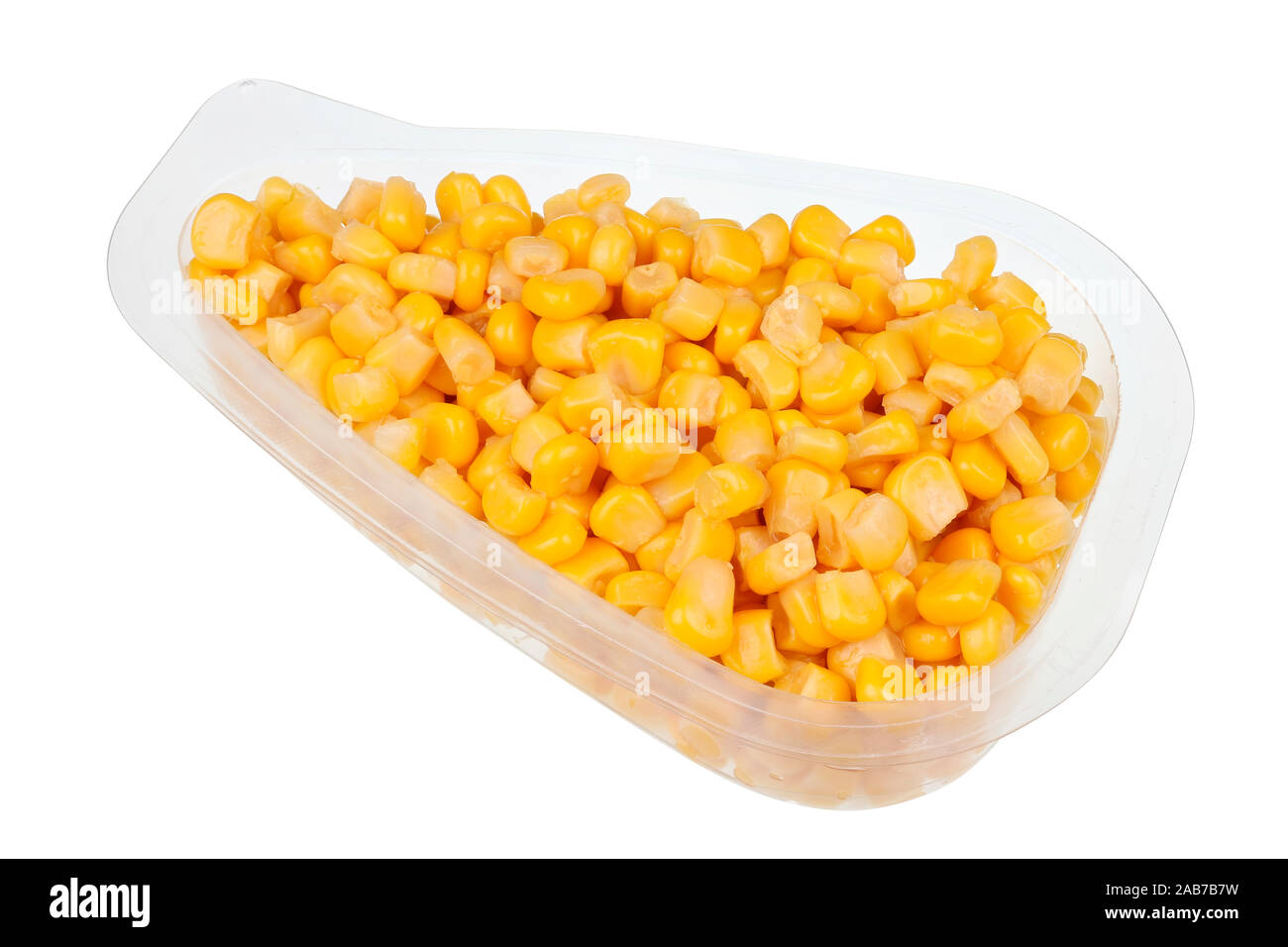 Daily food product - small marinated  sweet corn   in a transparent plastic container. Isolated with patch  on white studio macro Stock Photo