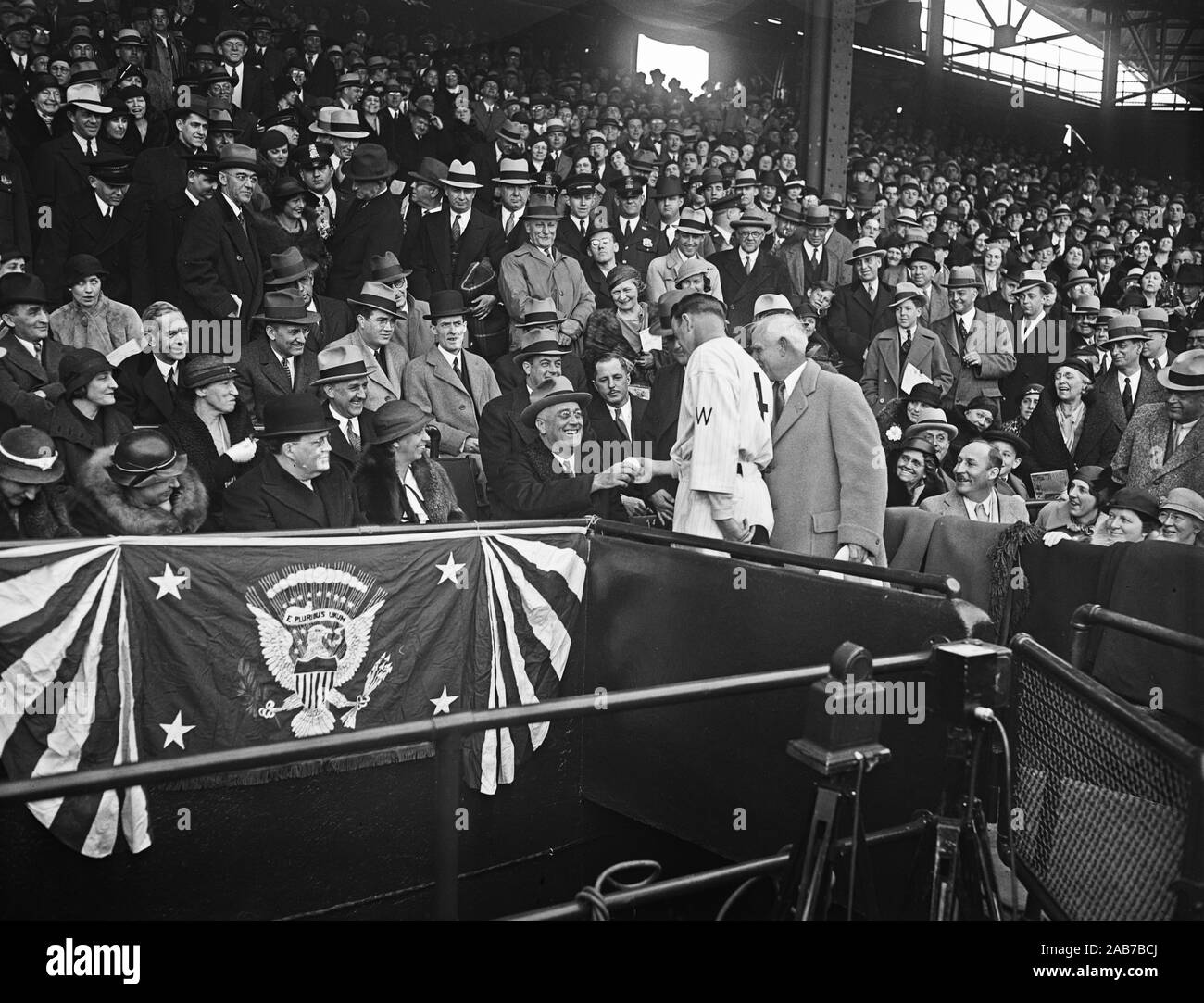 Opening Day of the 1961 Baseball Season, 1:10PM. President John F. Kennedy  and Special Assistant to the President Dave Powers greet former Washington  Senators player James Barton u0022Mickeyu0022 Vernon and Manager of