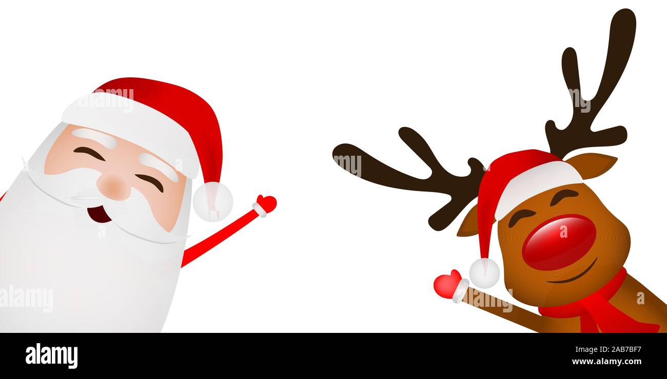 Cartoon funny santa claus and reindeer waving hands isolated on white ...