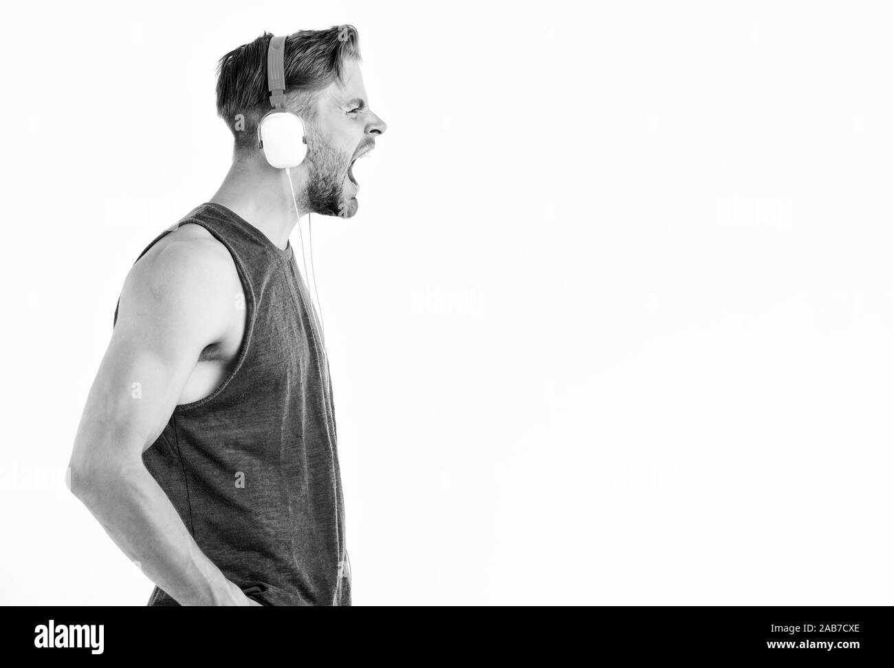 Modern earphones concept. Audio education. Audio track. Man handsome