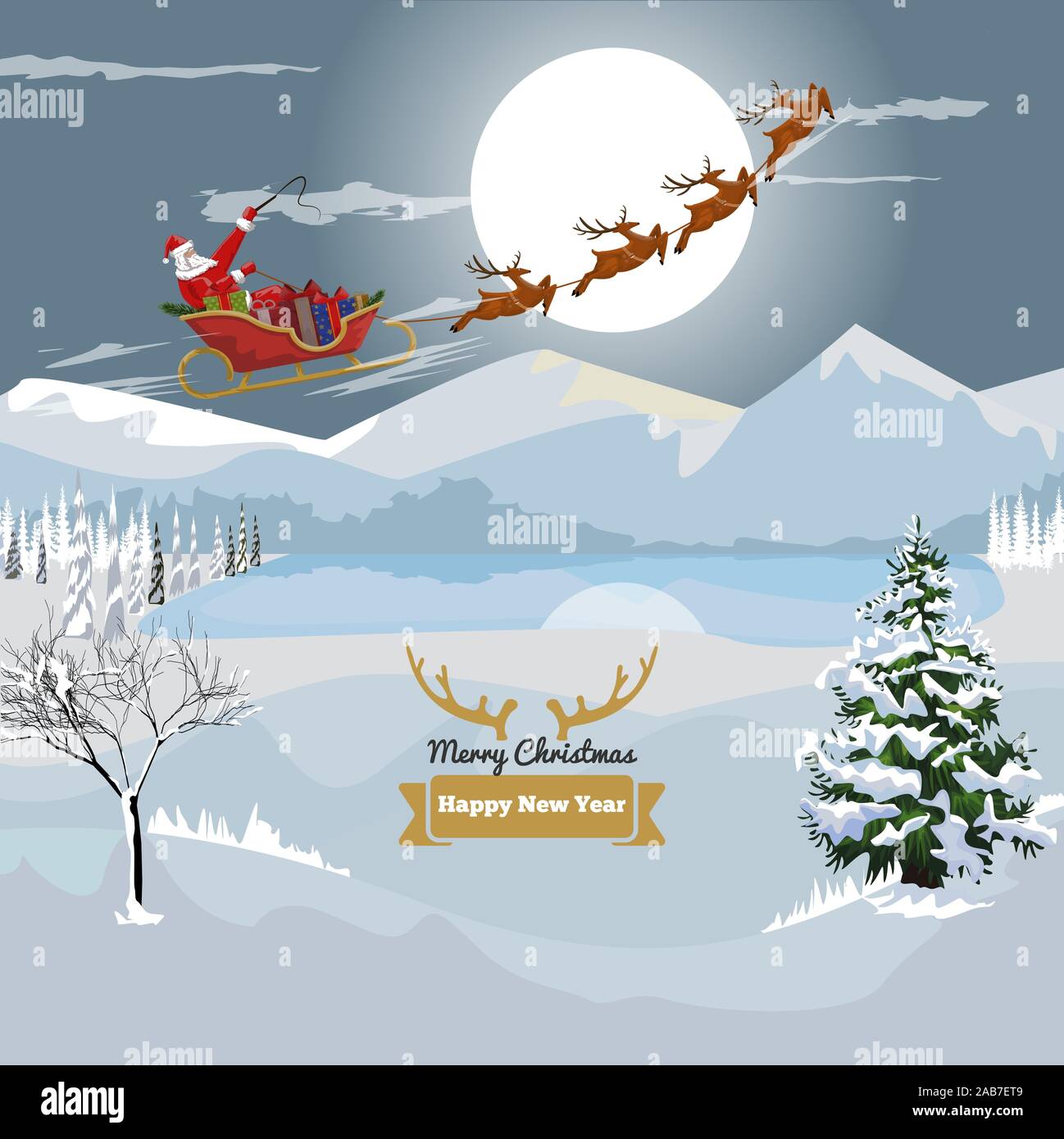 Santa claus flying with sleigh and reindeers over winter landscape scenery for your design with copyspace. Vector illustration. Stock Vector