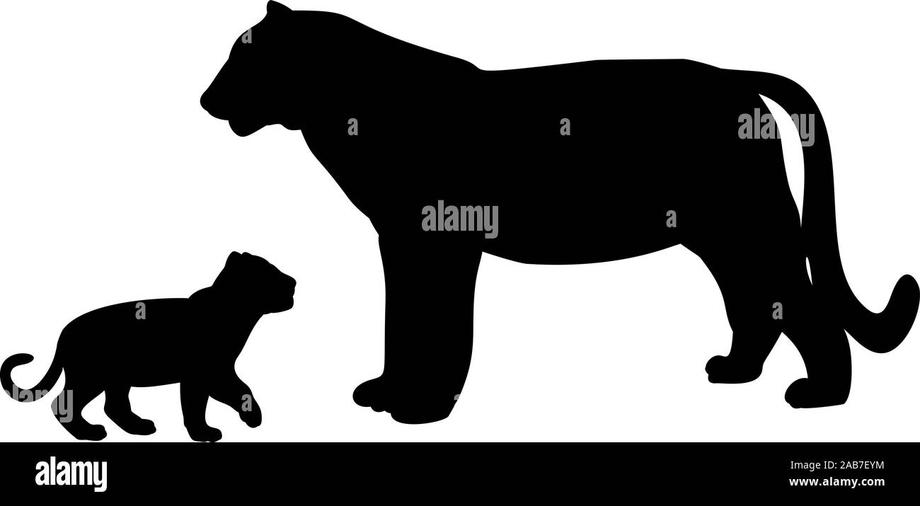 Silhouette of tiger and young tiger cub. Vector illustrator Stock Vector