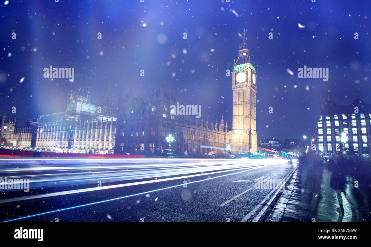 Big Ben and Westminster on a cold winter night with falling snow