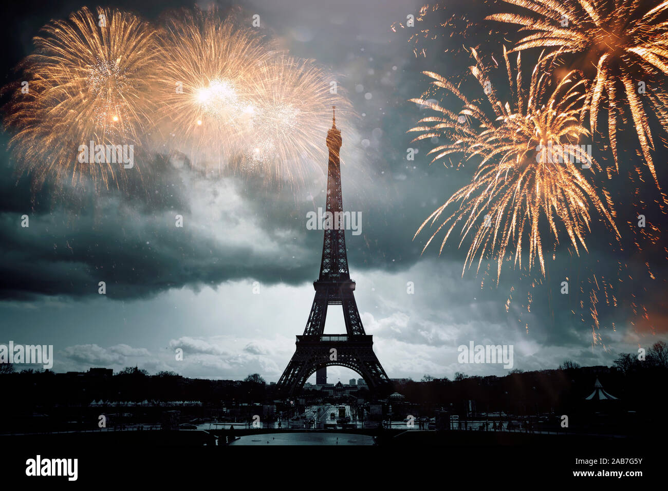 Eiffel tower with fireworks, celebration of the New Year in Paris, France Stock Photo