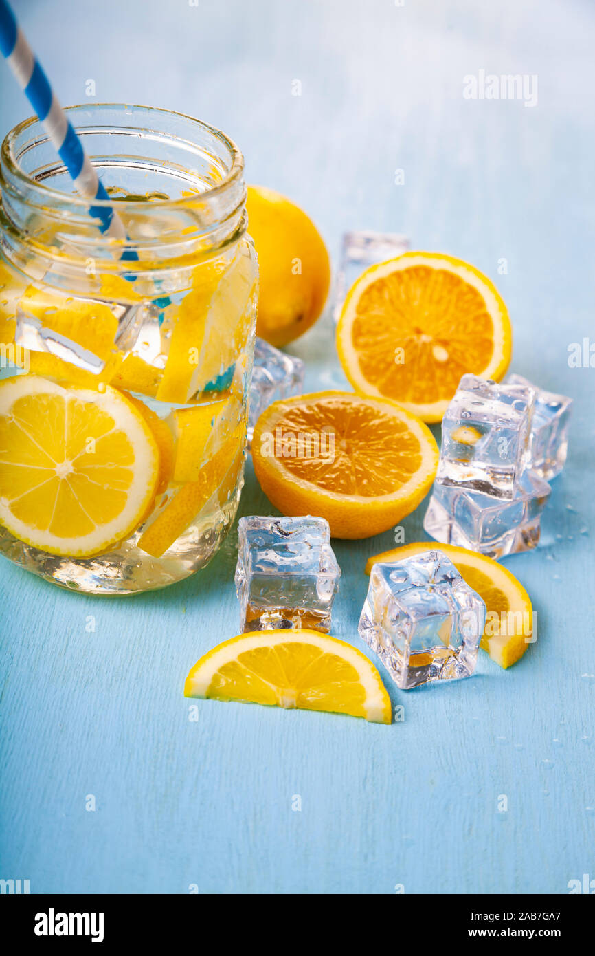 Refreshing ice cold water with lemon ready to drink. Concept of