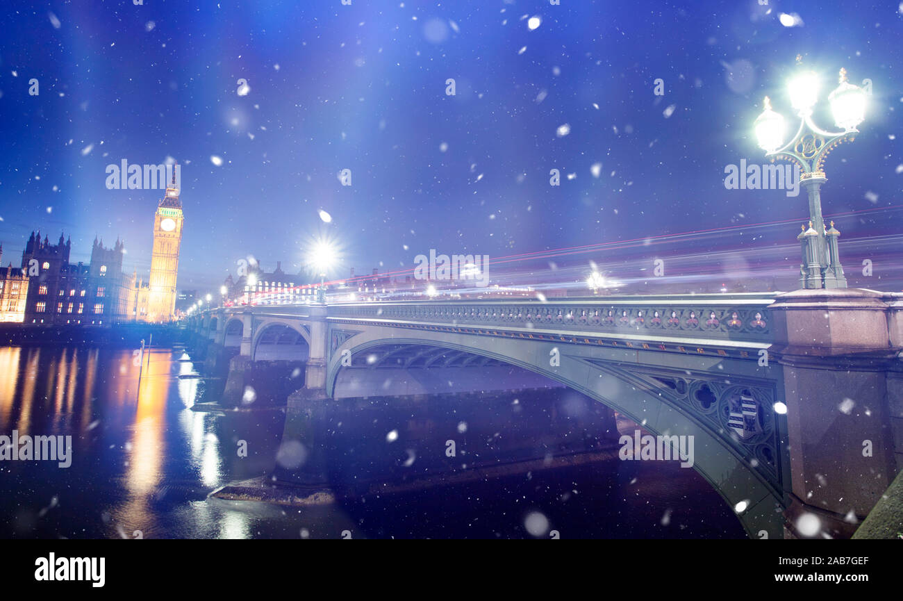 Big Ben and Westminster on a cold winter night with falling snow