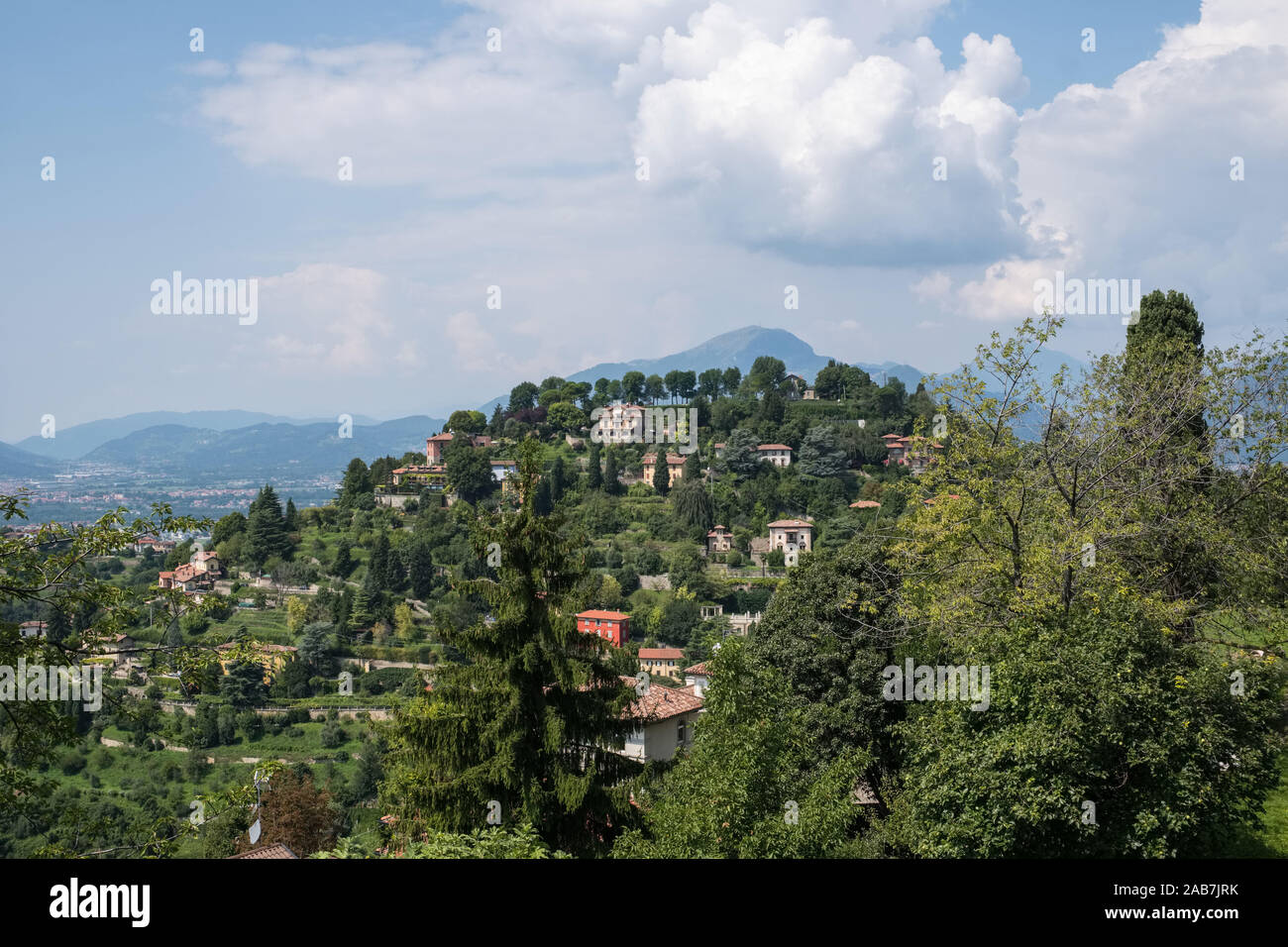 Italy, Bergamo, Lombardy: overview of the hills and villas with gardens, viewed from the Castle of San Vigilio Stock Photo