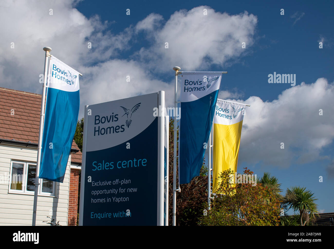 Littlehampton, West Sussex, UK, October 09, 2019. Bovis Homes advertising banners and board outside the new development of Hampton Park. Stock Photo