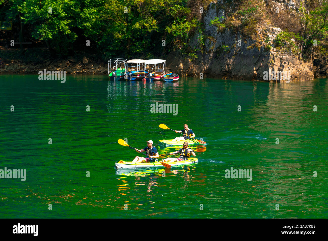 Skopje Macedonia August 8 2019 View Of Matka Canyon Mat Is Most Beautiful Touristic Attraction Near Skopje People Kayaking On Landscape Stock Photo Alamy