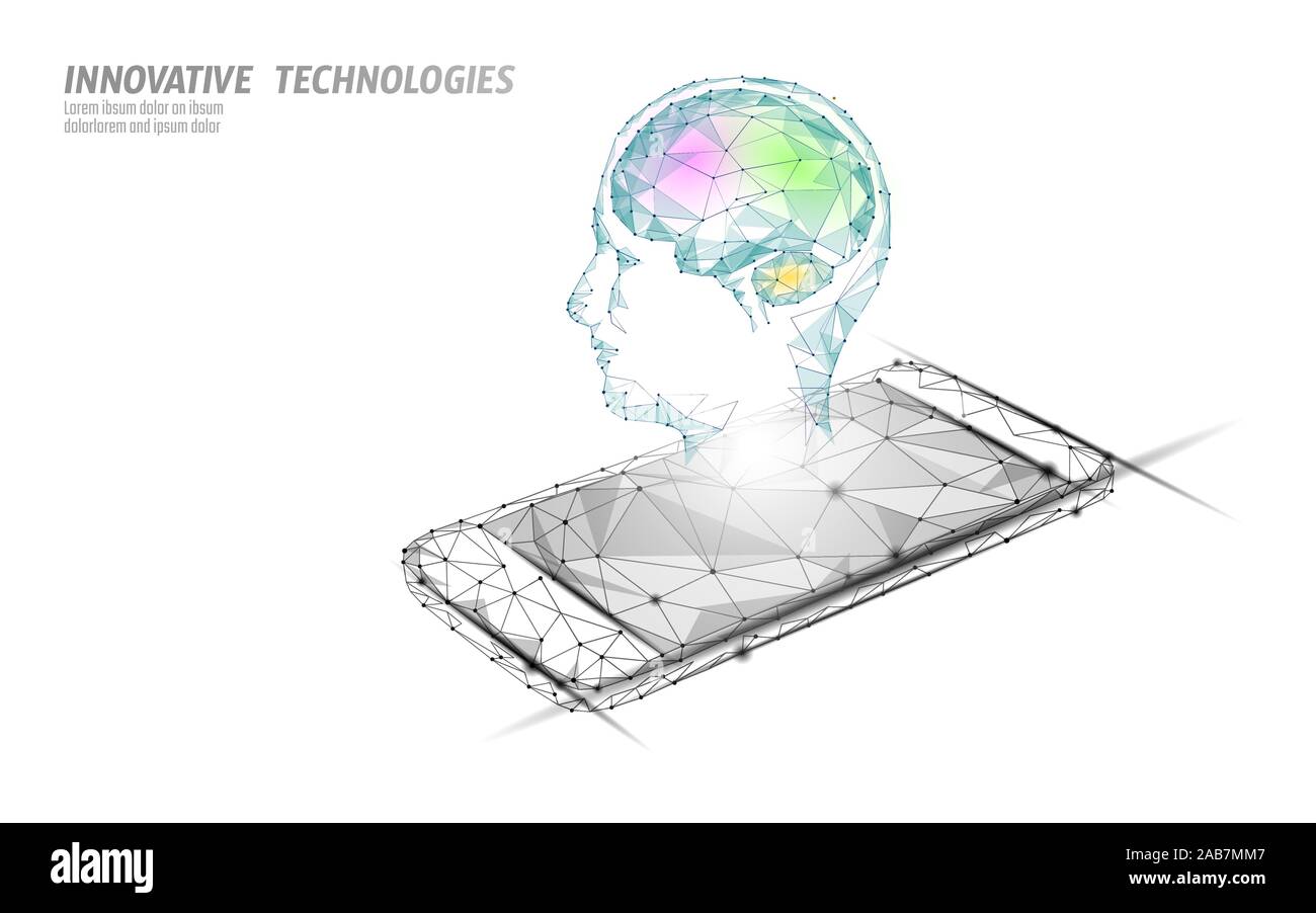 Virtual assistant voice recognition service technology. AI artificial intelligence robot support. Chatbot brain on smartphone system low poly vector Stock Vector