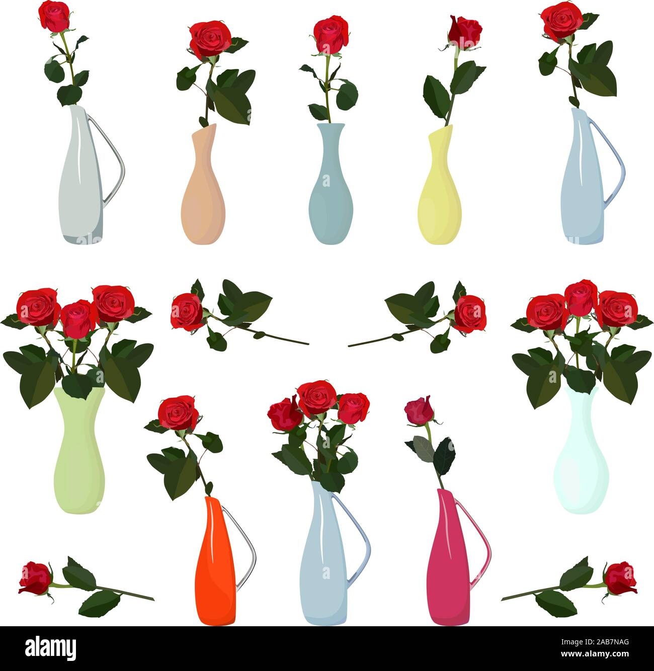 Red roses in vases vector flat isolated illustration Stock Vector Image