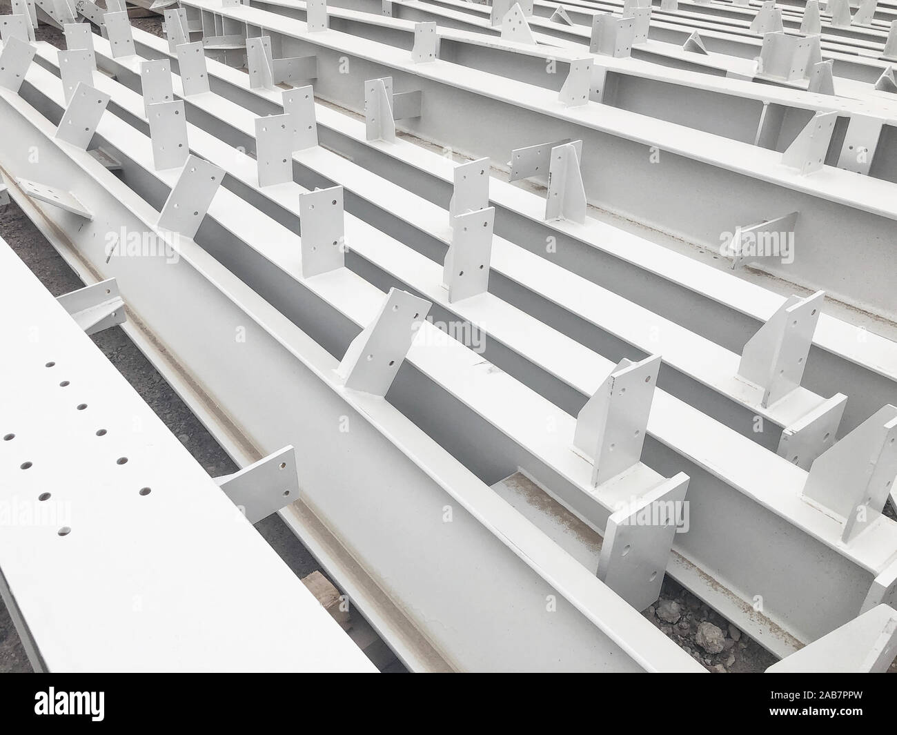 Stacked metal parts of a prefabricated building. Fastbuilt camp