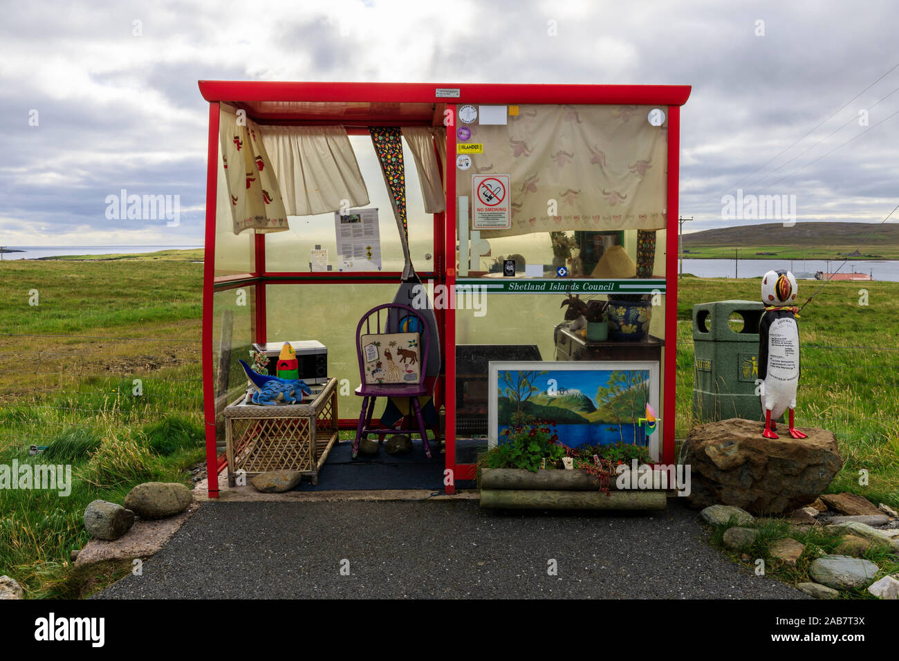 Bobby's Bus Shelter, uniquely decorated and quirky, annual theme, Baltasound, Island of Unst, Shetland Isles, Scotland, Europe Stock Photo