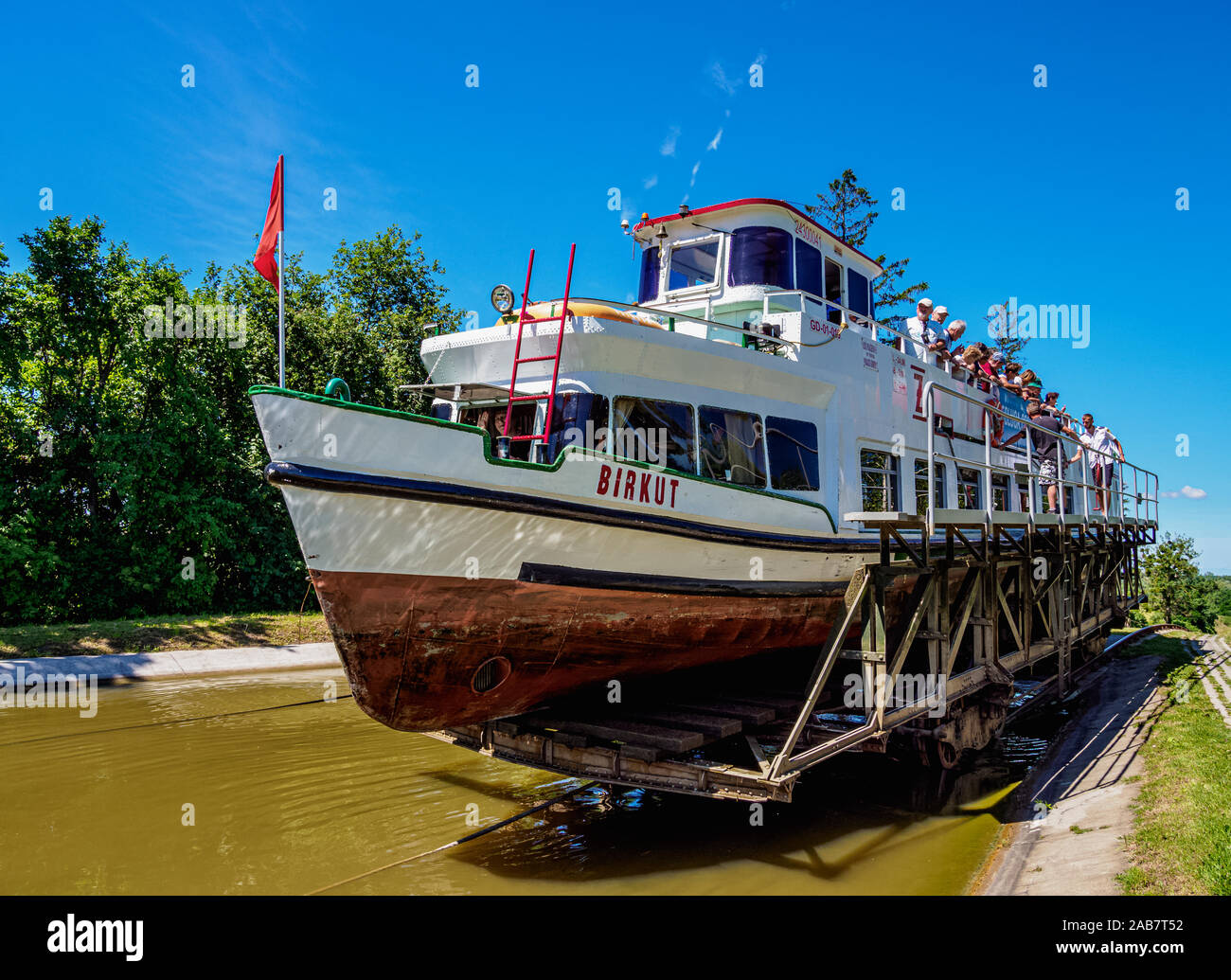 Tourist Boat in Cradle at Inclined Plane in Jelenie, Elblag Canal, Warmian-Masurian Voivodeship, Poland, Europe Stock Photo